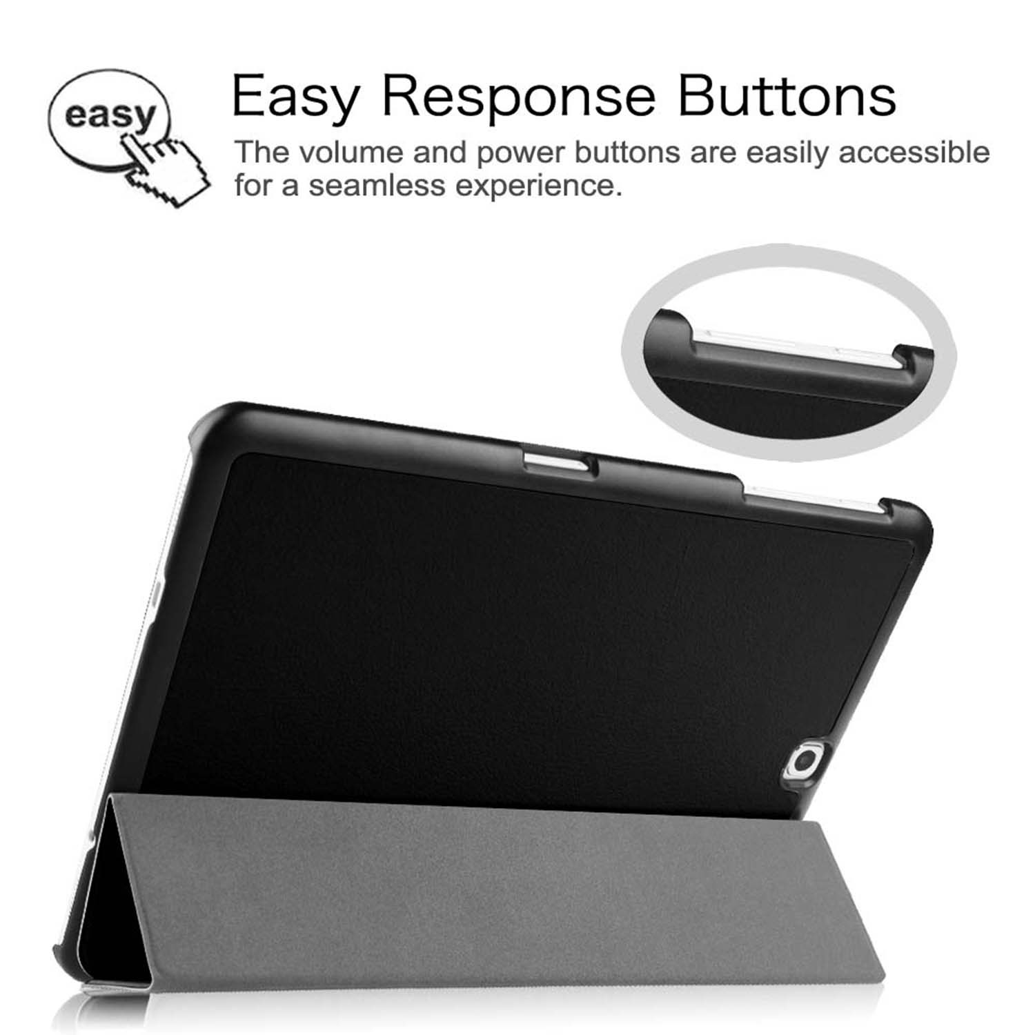 Tablethülle mit leicht zugänglichen Knöpfen. Schwarze Hülle, grauer Ständer offen. Text: Easy Response Buttons.
