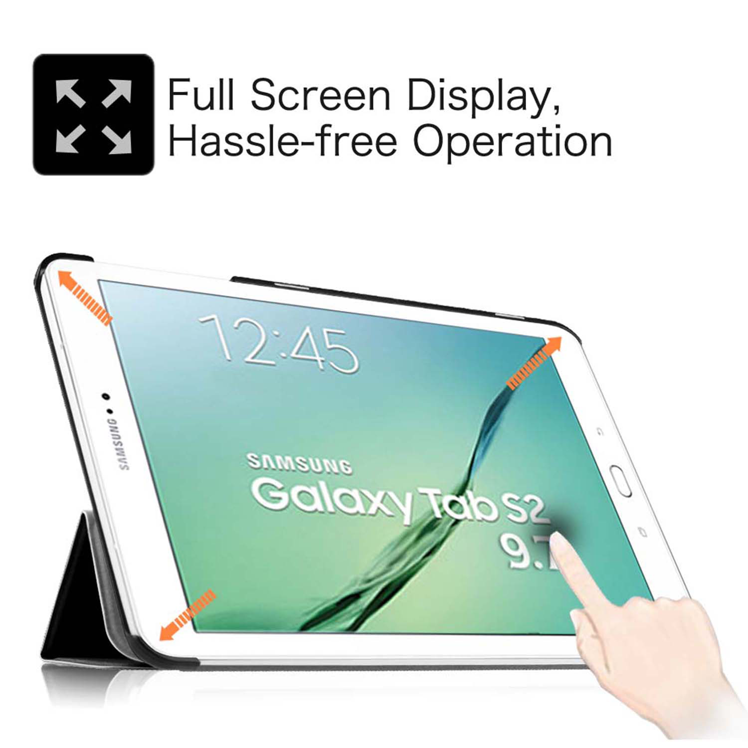 Tablet mit Hülle, zeigt den Bildschirm und einen Finger, der ihn berührt.