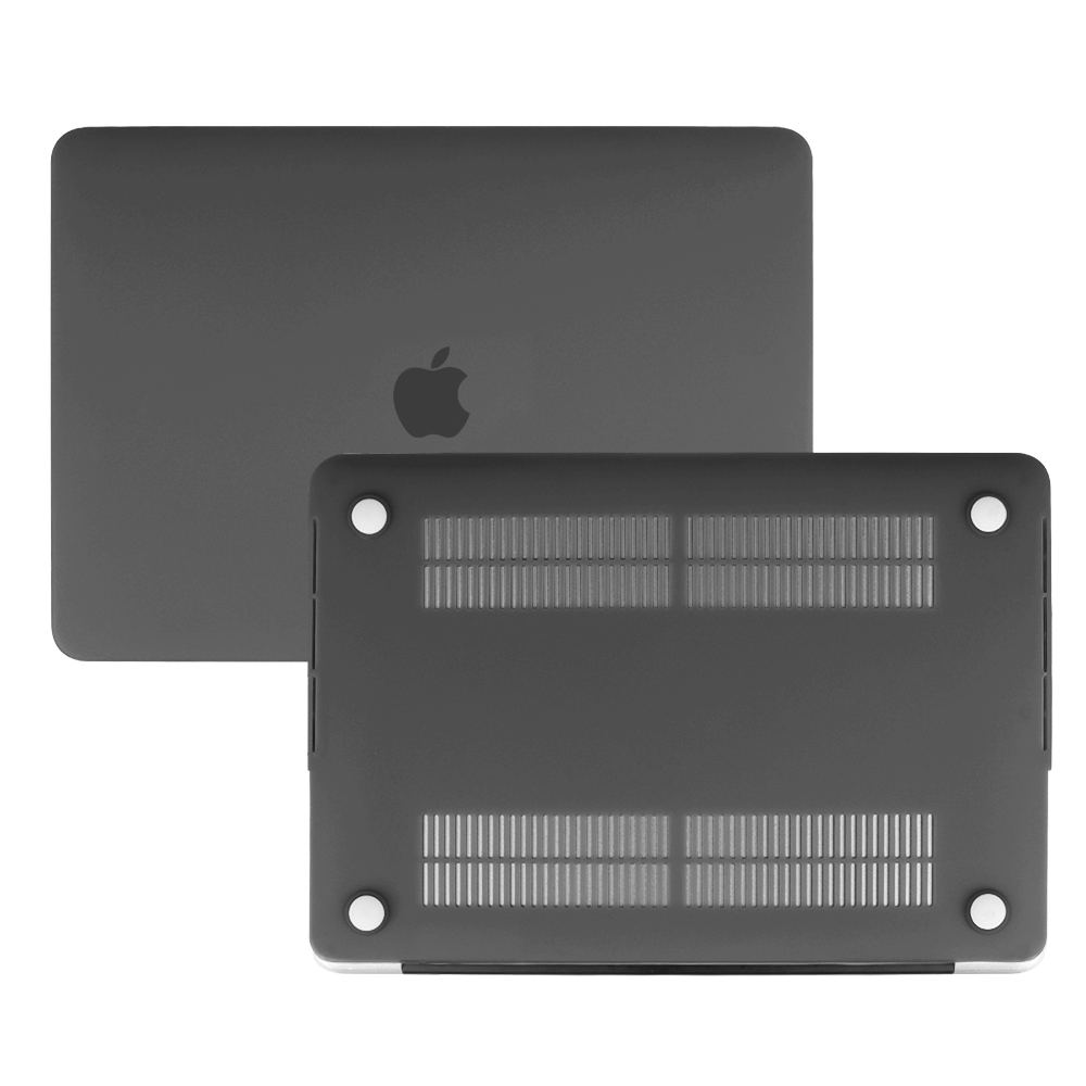 Eine graue Laptop-Hülle, Ansicht von oben und unten. Die Unterseite zeigt Lüftungsschlitze und kleine Füße. Apple-Logo sichtbar.