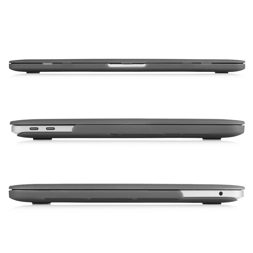 Drei Ansichten eines grauen Laptops, die Oberseite, Seite und Unterseite zeigen.