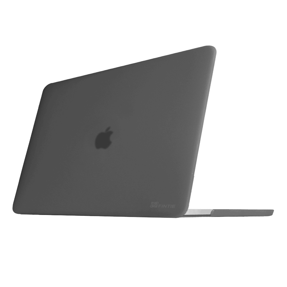 Grauer Laptop mit Apple-Logo, teilweise geöffnet, auf weißem Hintergrund. Die Rückseite zeigt zur Kamera.
