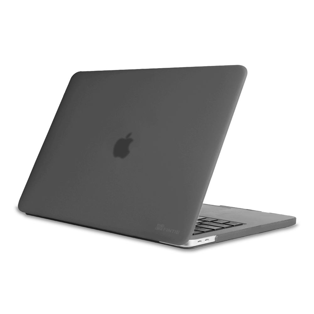 Dunkelgrauer Laptop mit Apple-Logo. Der Laptop ist geschlossen.