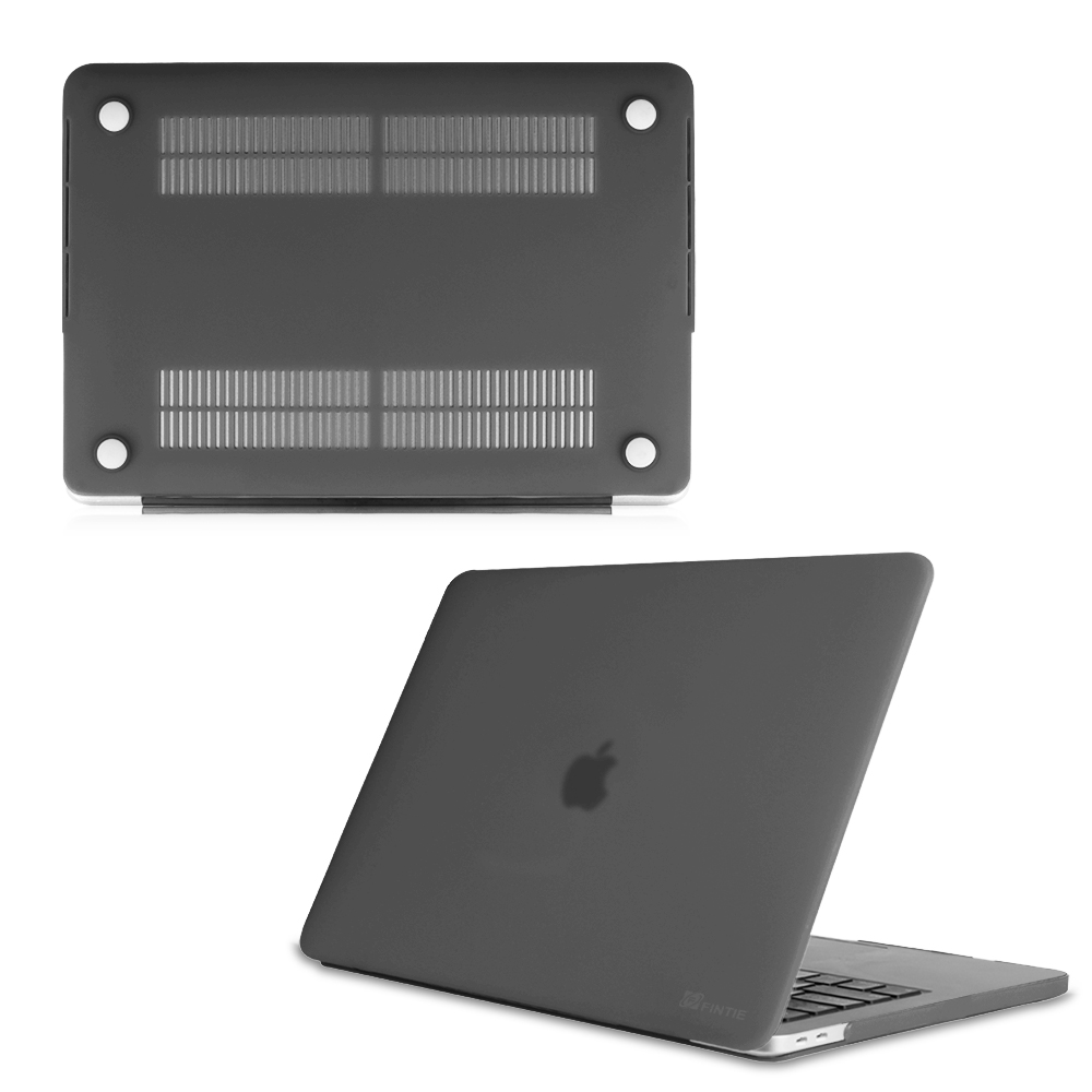 Zwei Bilder einer grauen Laptop-Hülle. Eines ist der Boden, das andere die Oberseite. Apple-Logo sichtbar.