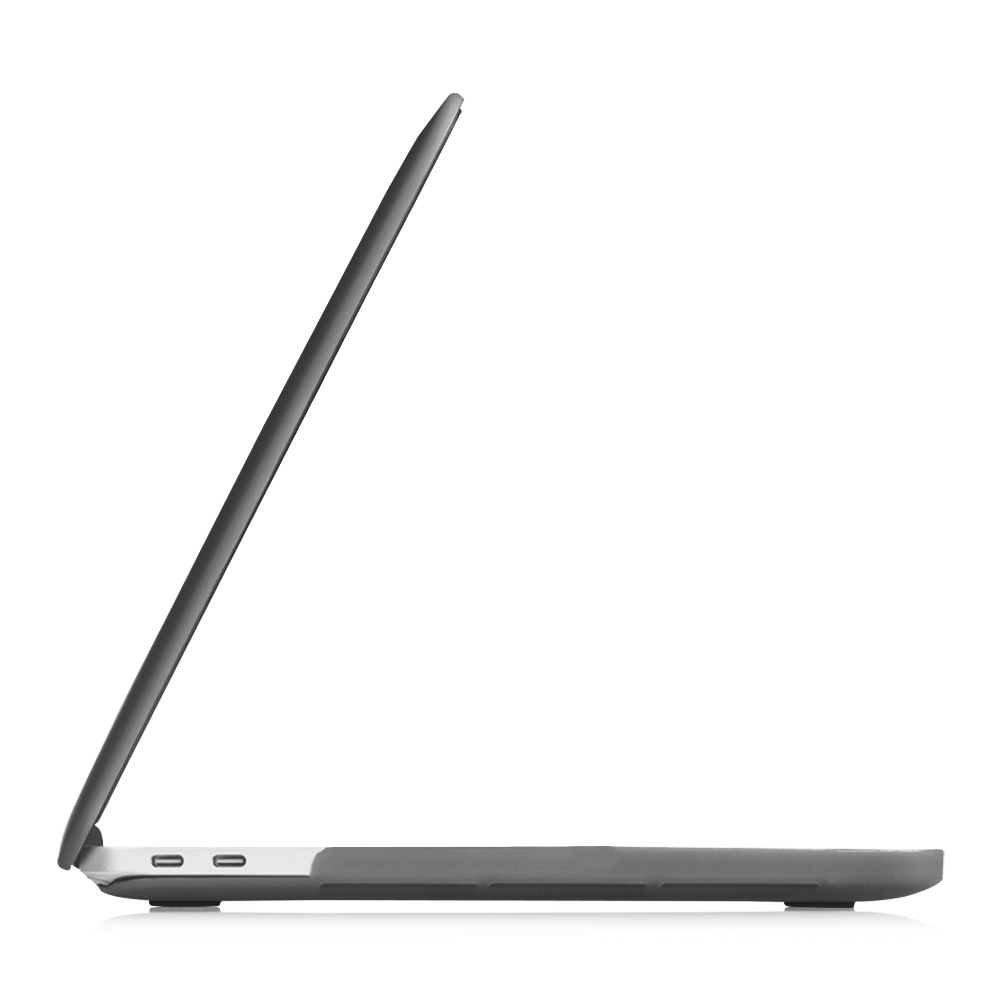 Seitenansicht eines grauen Laptops, die das Profil und die Anschlüsse zeigt.