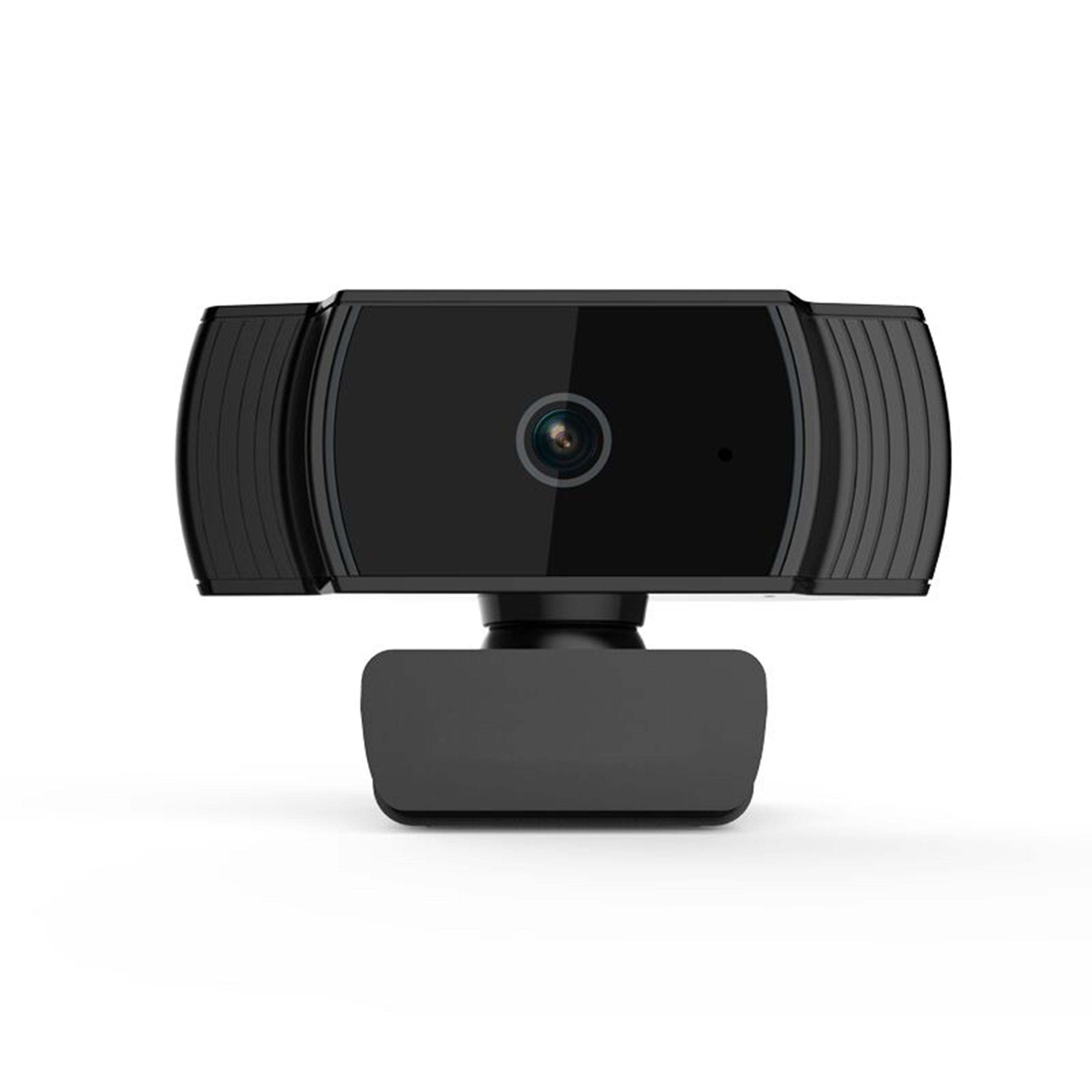 Eine schwarze Webcam mit Linse, Mikrofonlöchern und Ständer. Sie befindet sich auf weißem Hintergrund.