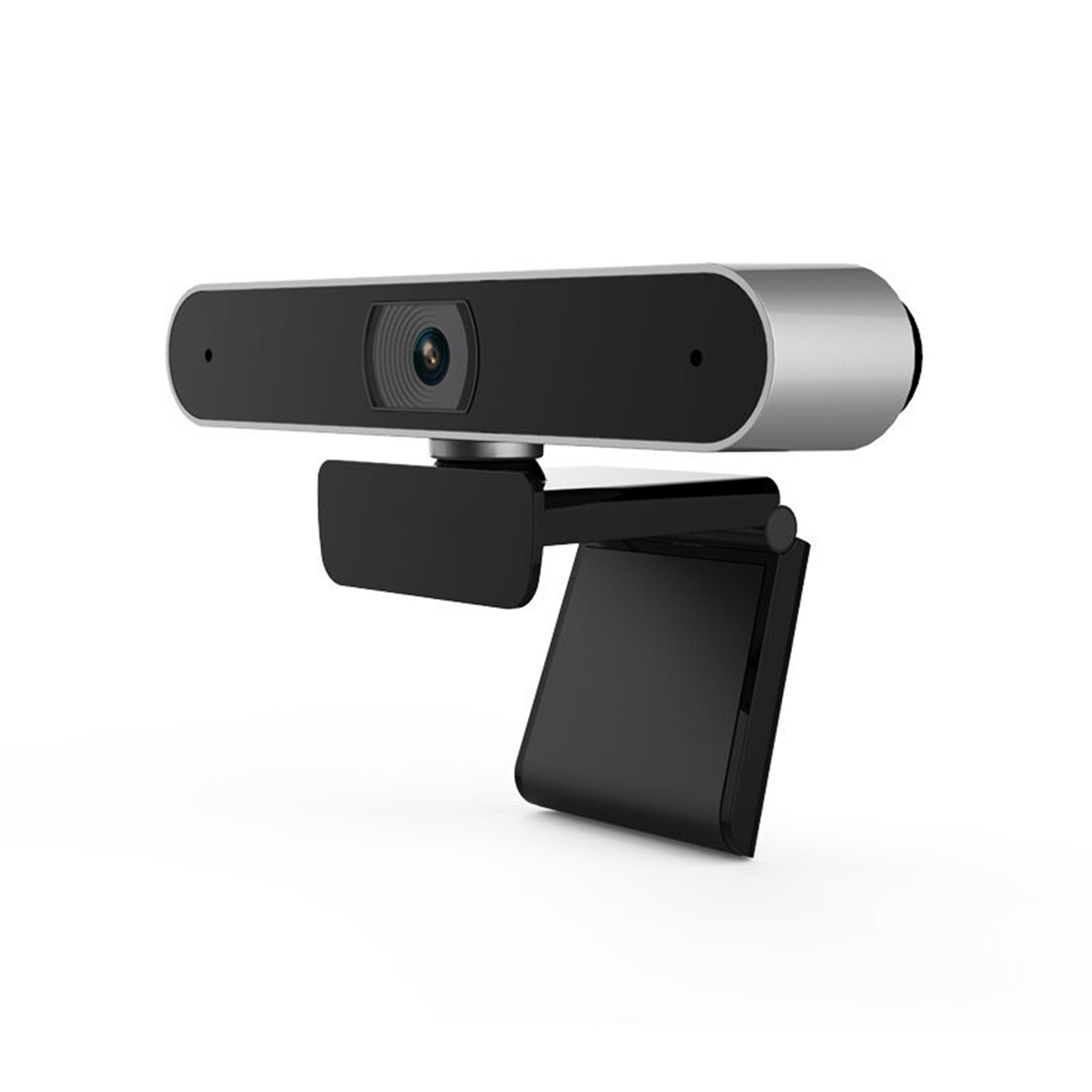 Webcam mit silbernem und schwarzem Design, Objektiv zentriert, mit schwarzem Ständer, isoliert auf Weiß.