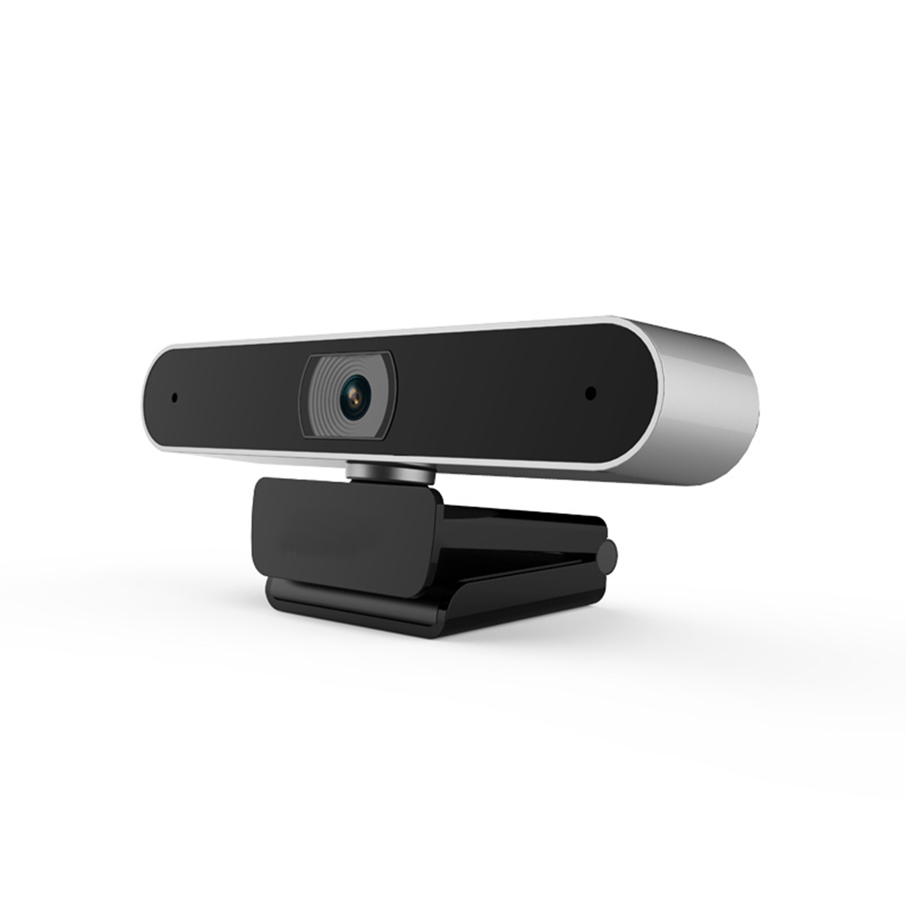 Webcam mit schwarzem Sockel. Es hat eine Linse in der Mitte.