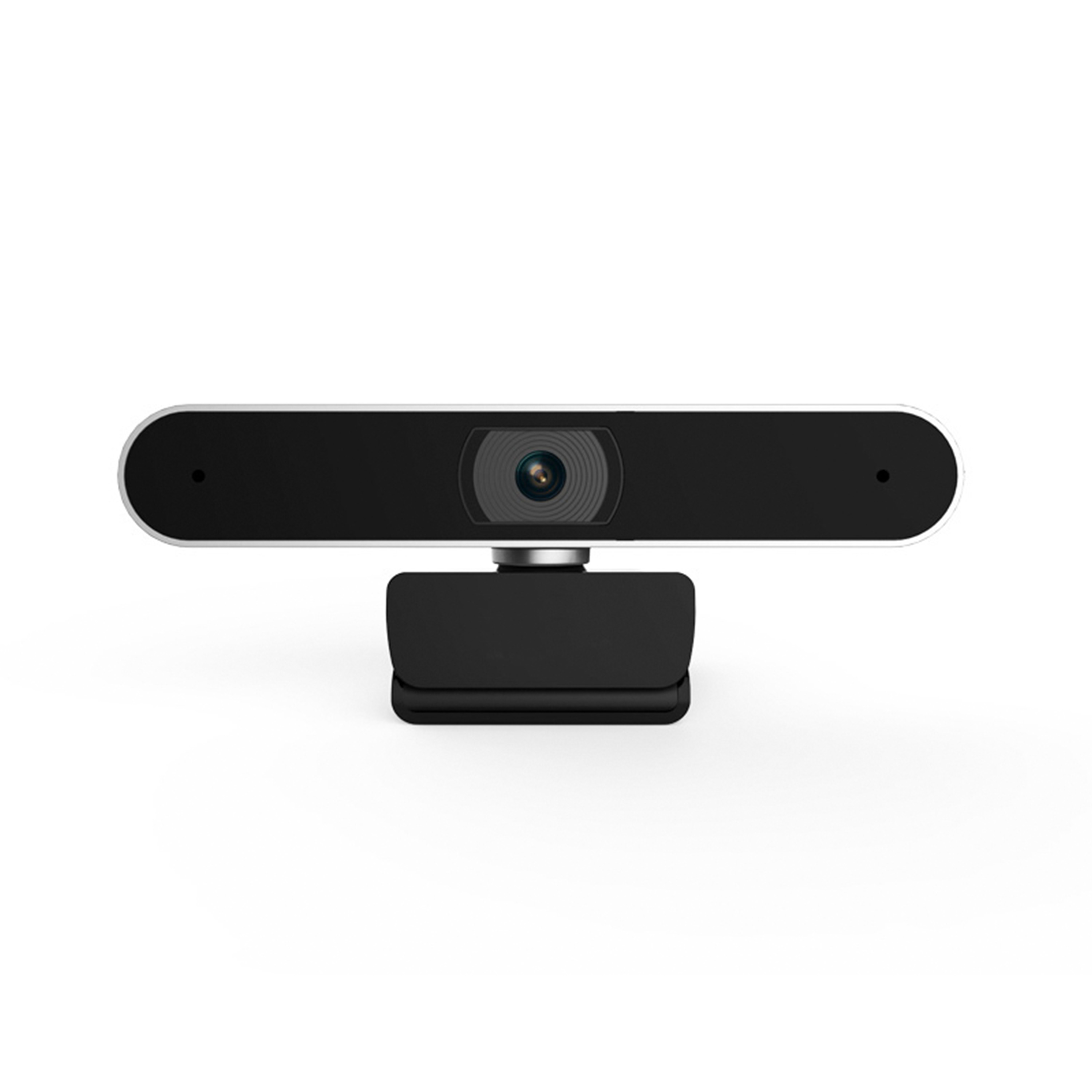 Schwarze Webcam auf weißem Hintergrund. Die Webcam hat einen schwarzen Körper und einen silbernen Rahmen.