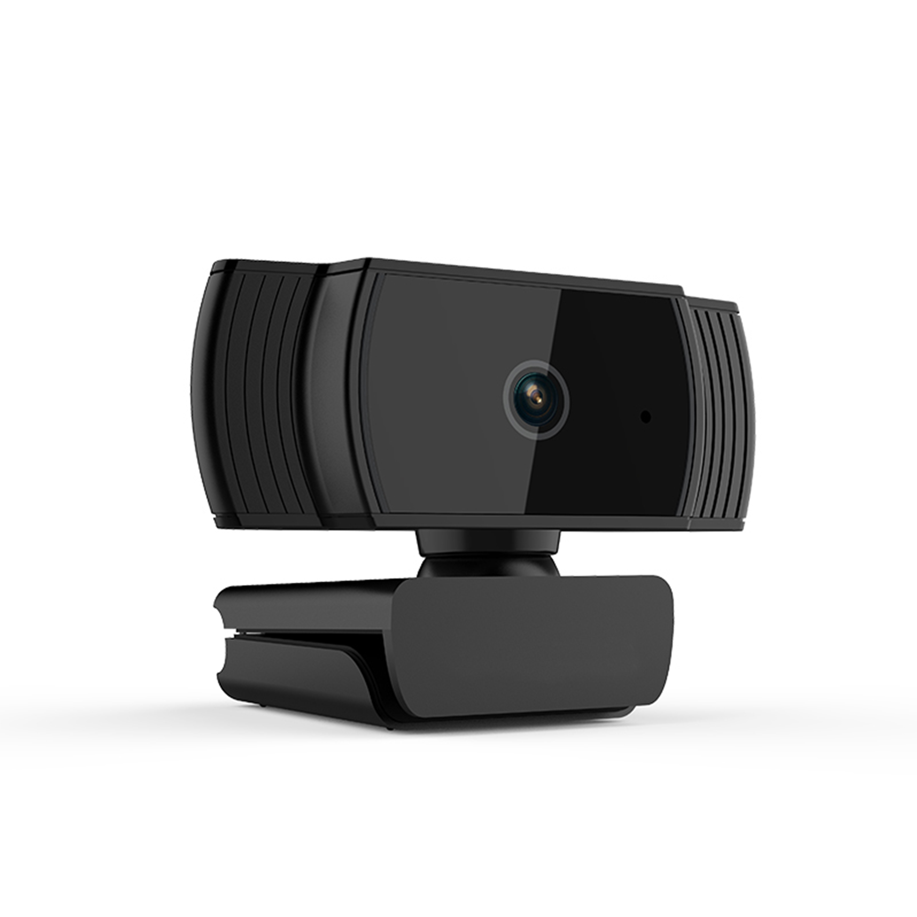 Schwarze Webcam auf weißem Hintergrund. Zeigt die Linse mit einem Ständer.