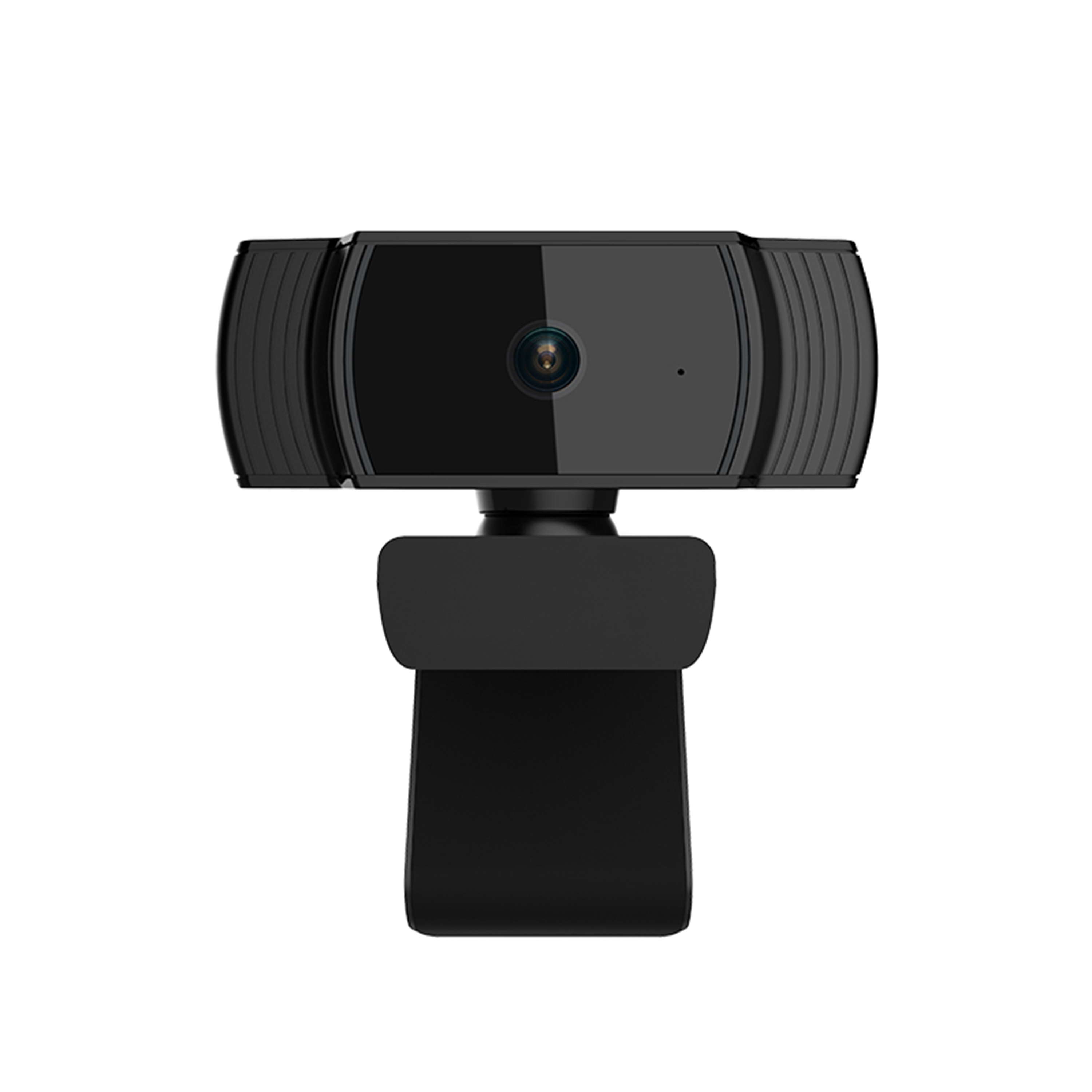 Schwarze Webcam. Die Kameralinse befindet sich in der Mitte, mit einem Mikrofon oben.