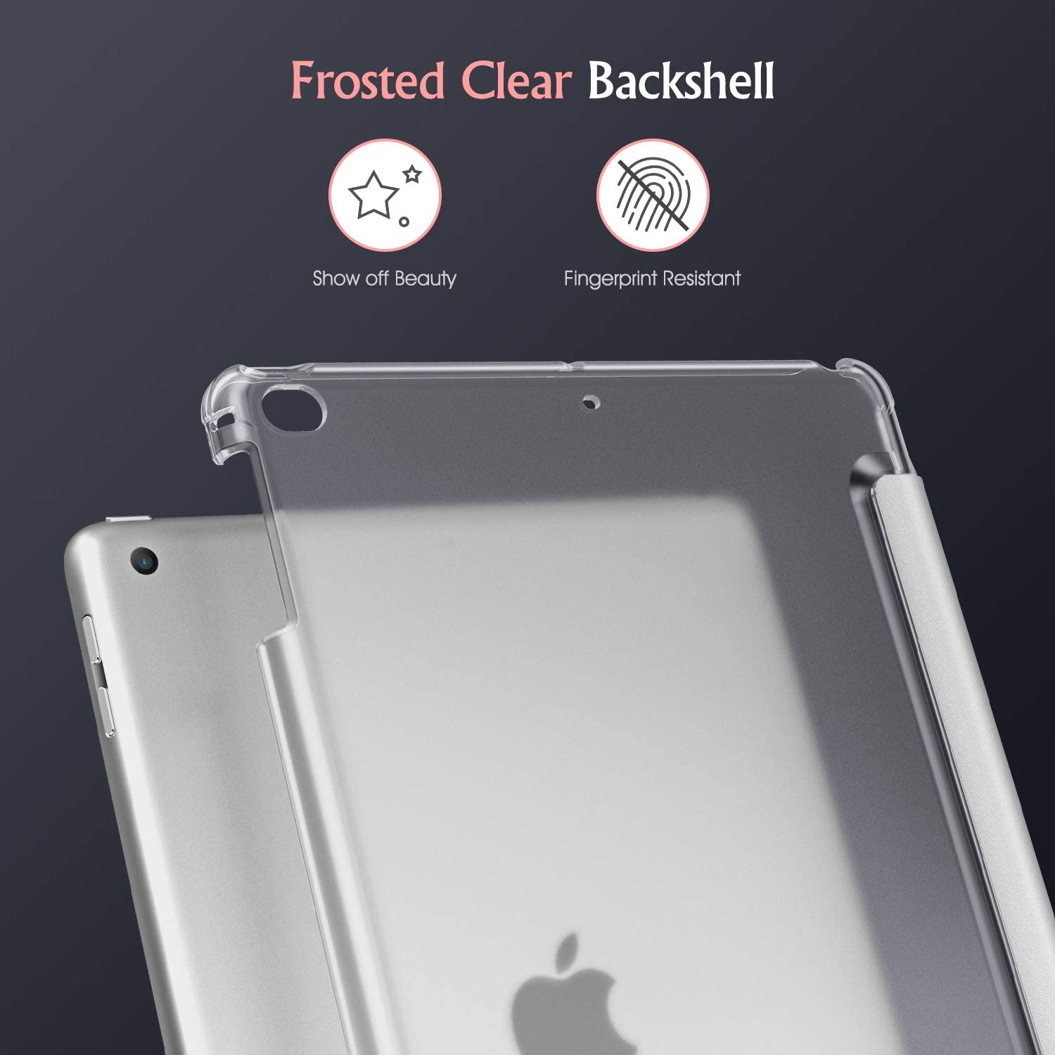 Transparente iPad-Hülle. Text: Mattierte transparente Rückschale. Zeigen Sie Schönheit, Fingerabdruckresistent.