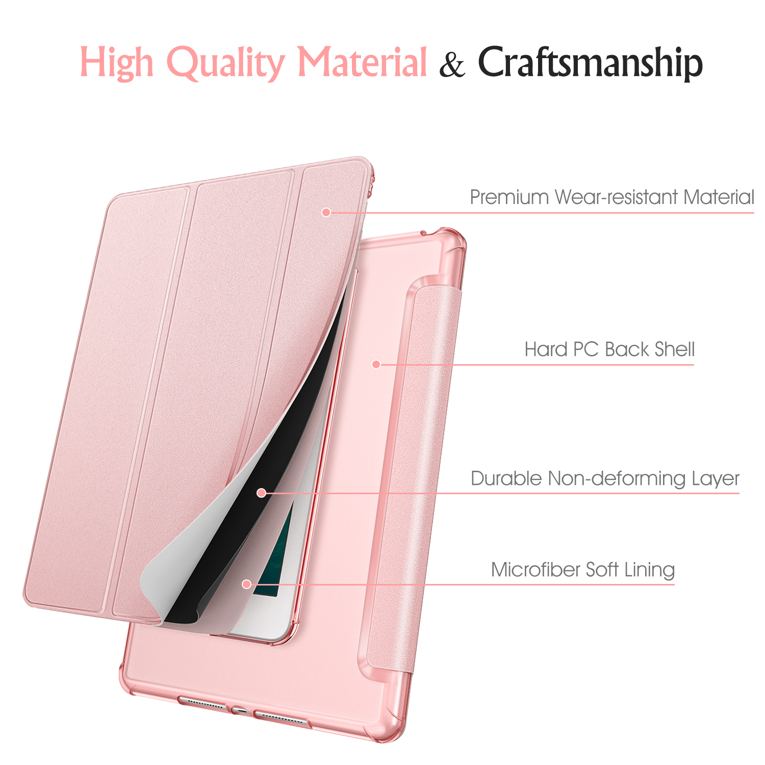 Rosa Tablet-Hülle mit Schichten: Premium-Material, harte Rückenschale, nicht verformbare Schicht und Mikrofaserfutter.