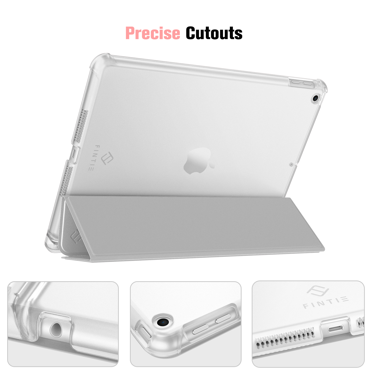 Transparente Tablet-Hülle mit präzisen Aussparungen. Sie wird aus verschiedenen Blickwinkeln vor weißem Hintergrund gezeigt.