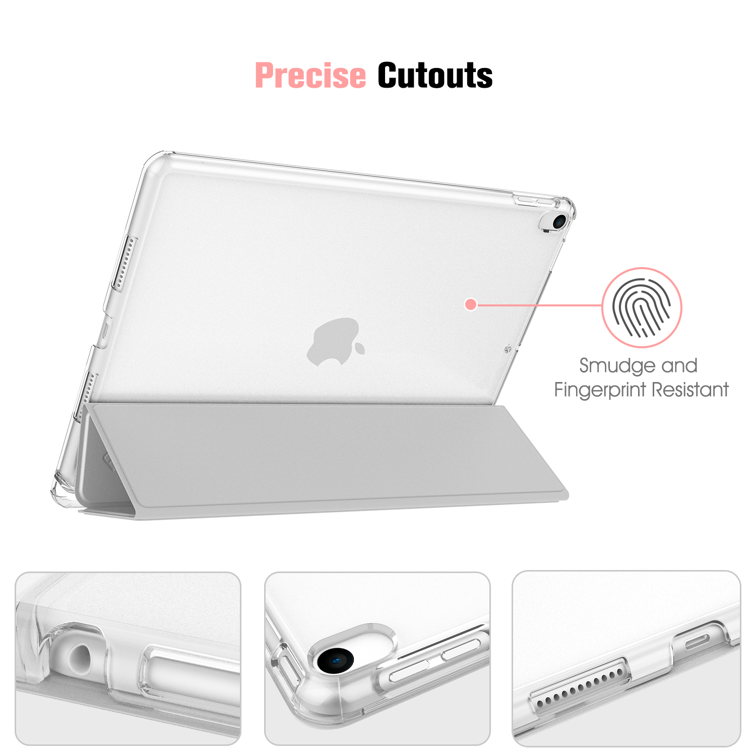 Transparente Tablethülle mit präzisen Aussparungen. Fingerabdruckresistent, mit Tablet darin. Zeigt Anschluss- und Tastenbereiche.