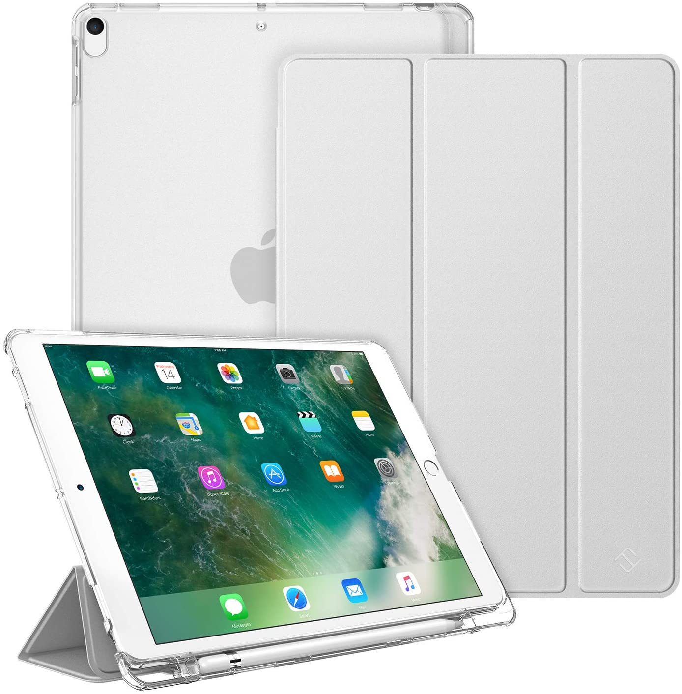 Weißes iPad mit durchsichtiger Hülle und Cover, steht schräg, Apple-Logo sichtbar.