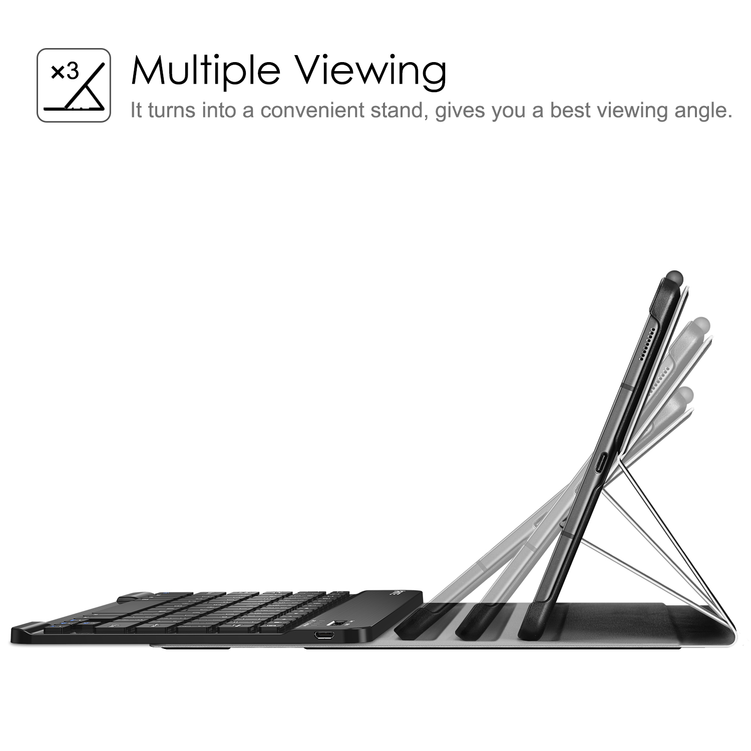 Tablet mit Tastaturhülle, die mehrere Betrachtungswinkel zeigt. Weißer Hintergrund mit Text.