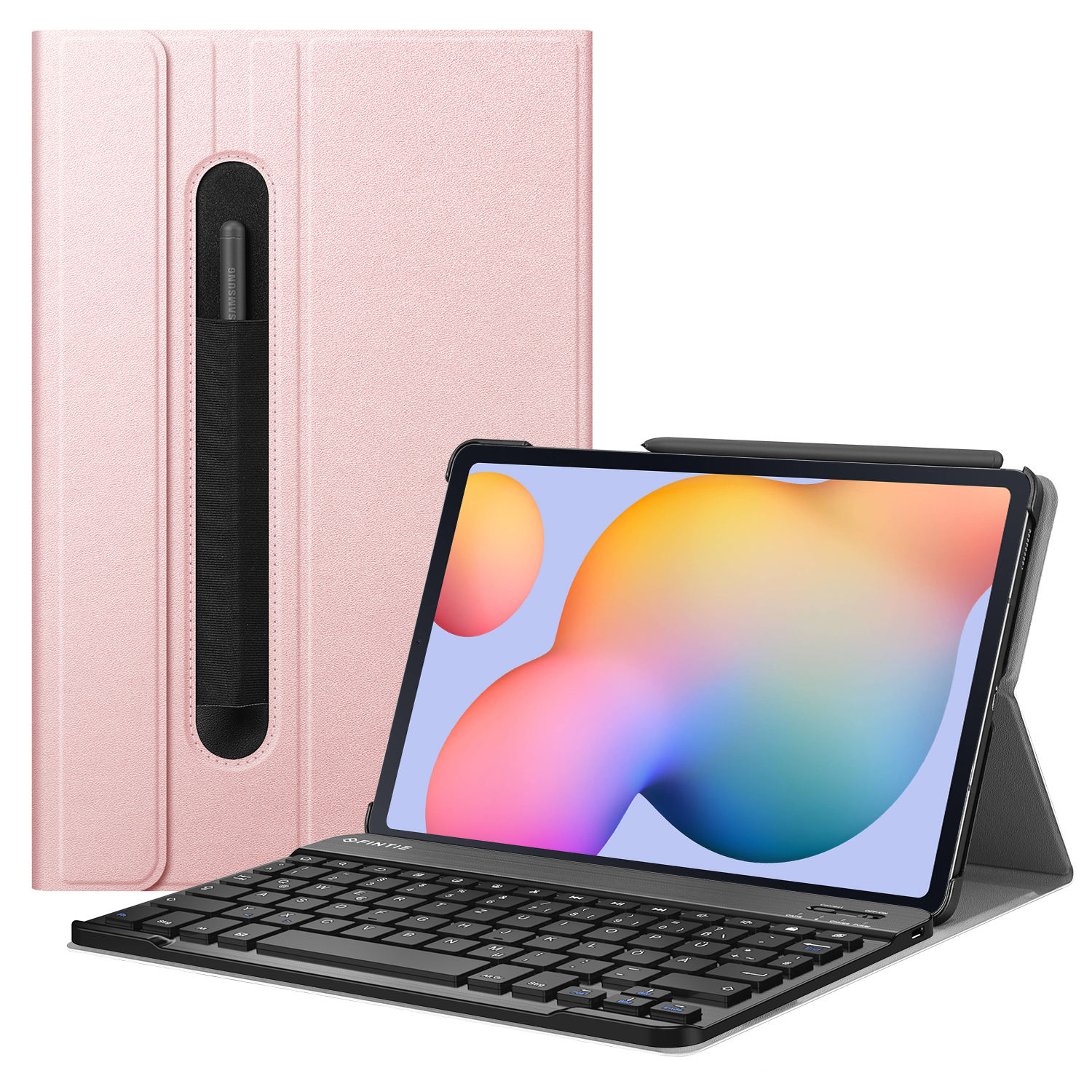 Rosa Tablethülle mit Tastatur und Tablet. Ein Stift steckt in der Seite.