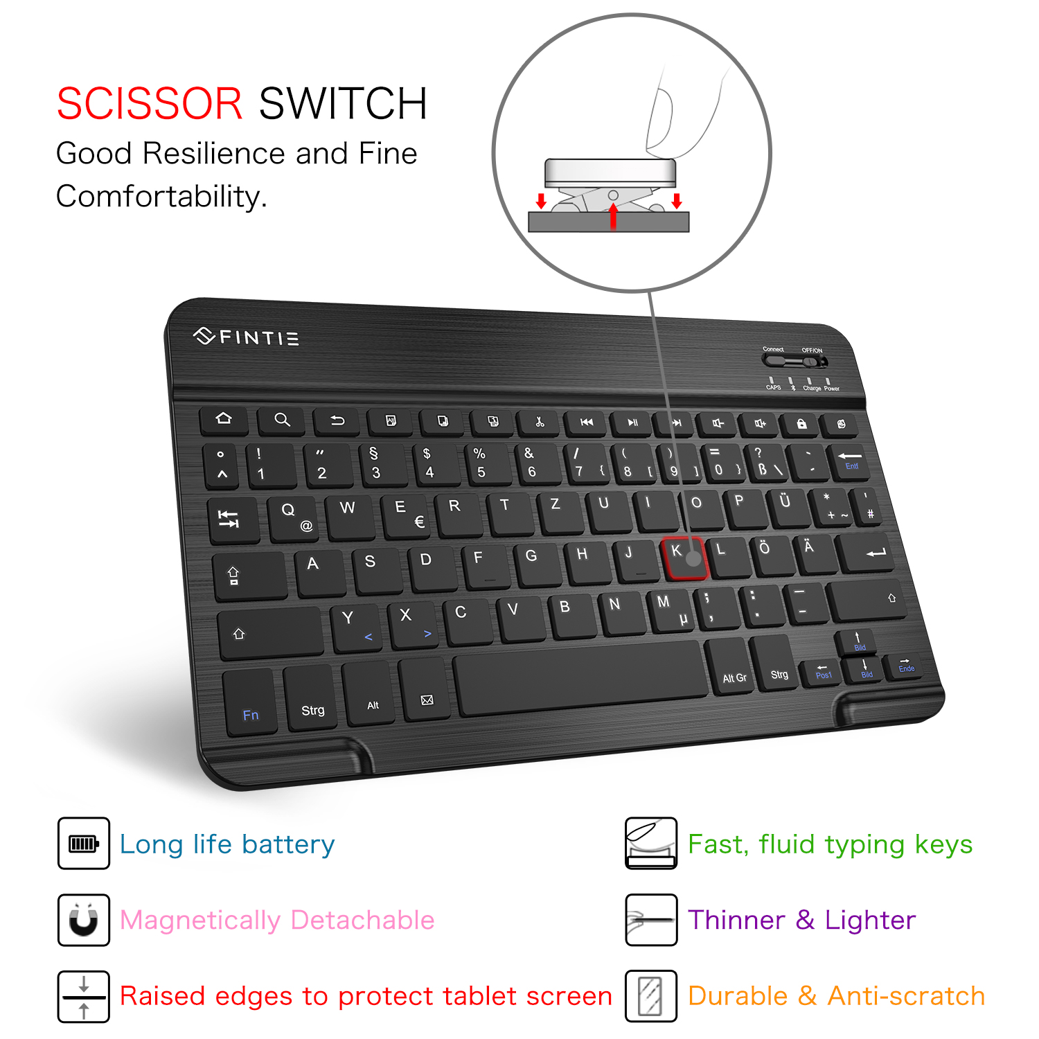 Schwarze Tastatur mit Tasten, ein Diagramm mit Scherenschaltern und Text über ihre Eigenschaften.