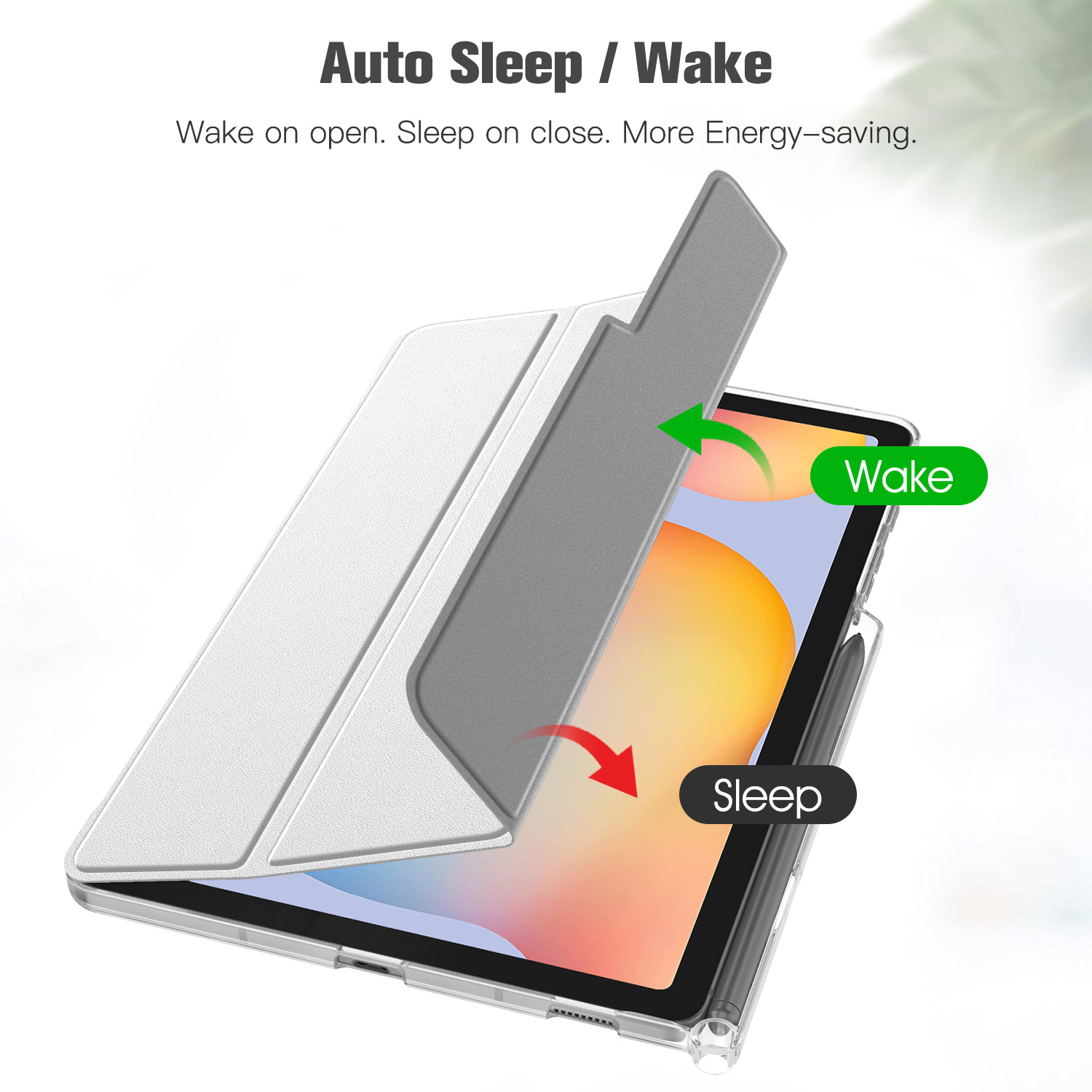 Ein Tablet in einer Hülle mit Abdeckung. Die Abdeckung ist geöffnet, Text zeigt Auto-Sleep- und Wake-Funktionen.