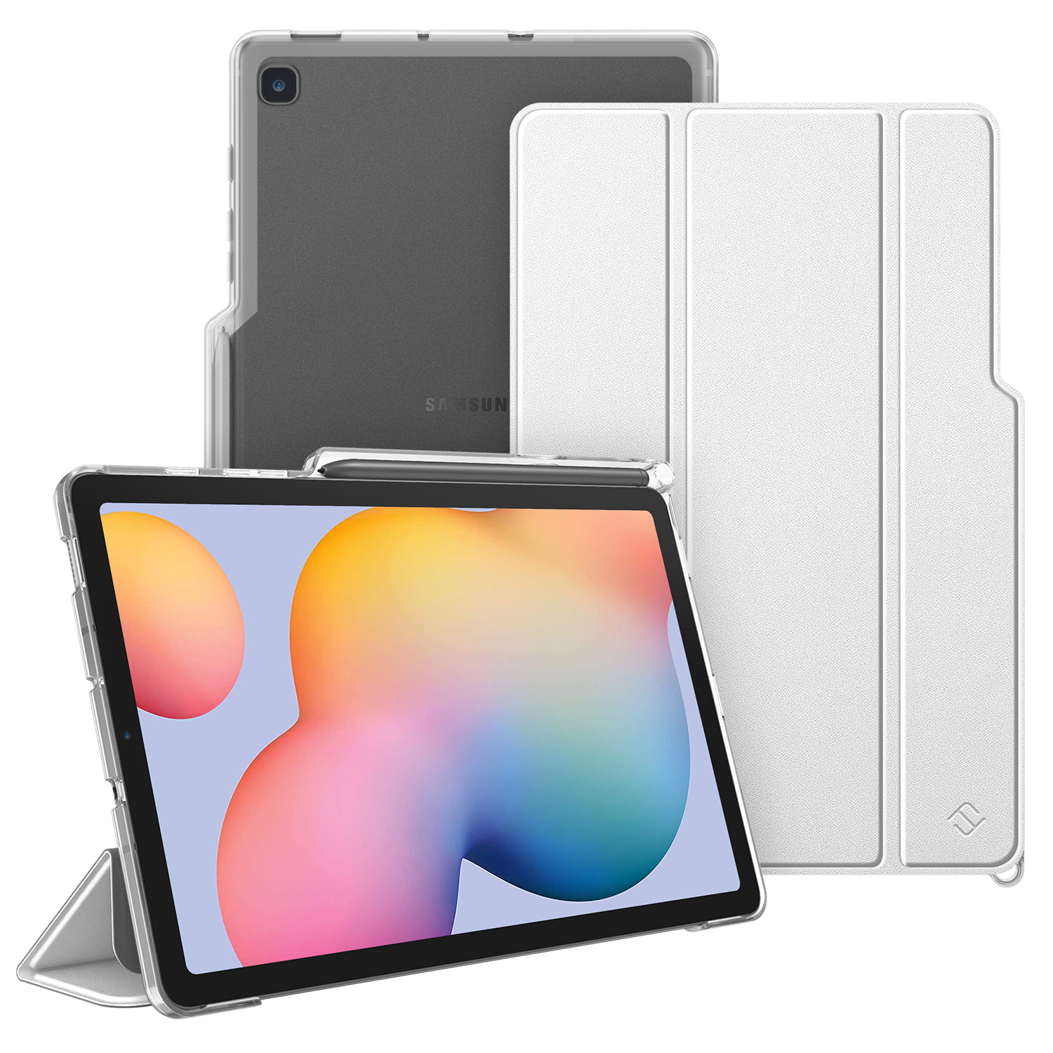 Tablet mit Hülle und Stift, und einer weißen Hülle. Zeigt Tablet auf weißer Oberfläche.