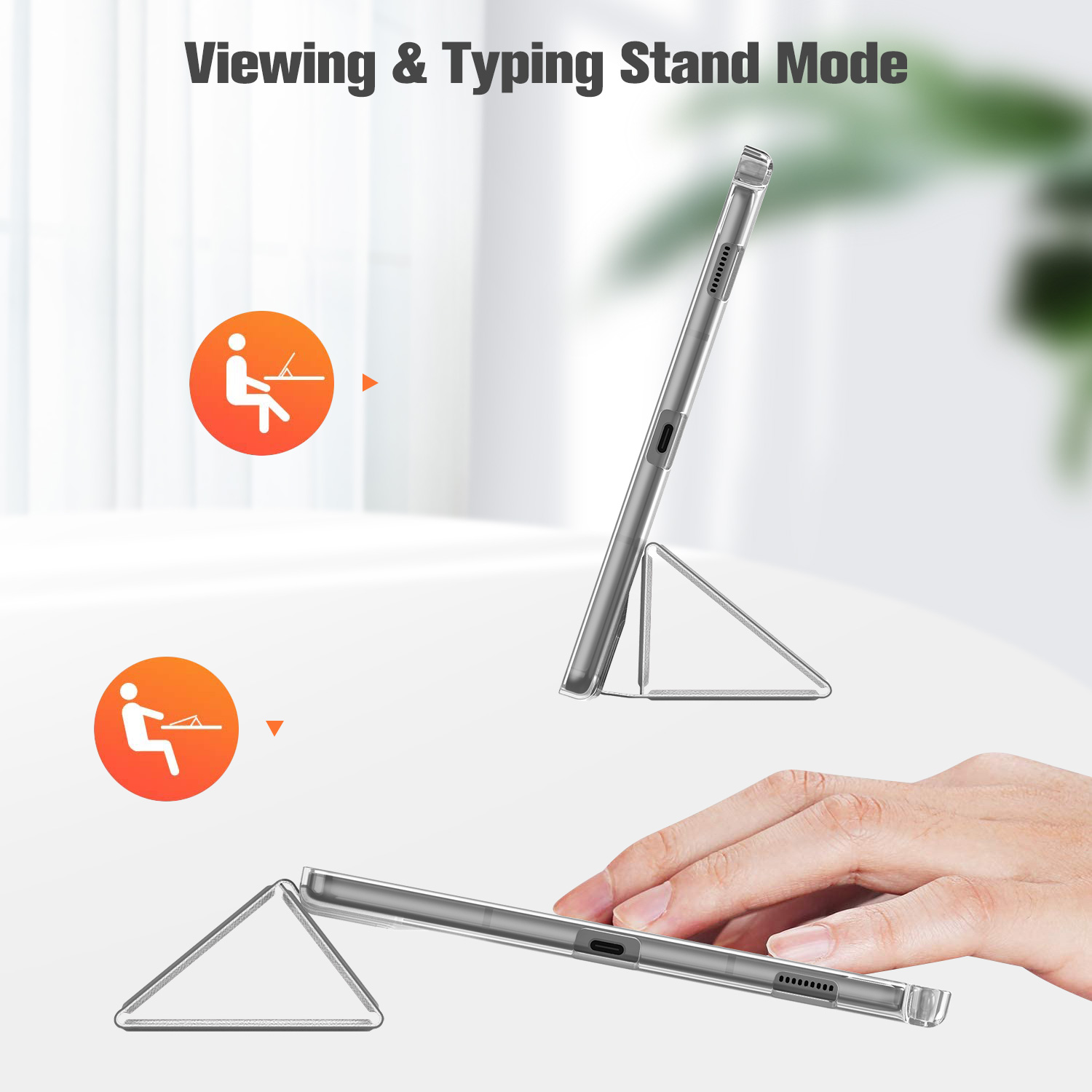 Tablet-Hülle im Ständermodus. Hand, die Tablet hält. Diagramme, die den Ständermodus zeigen.