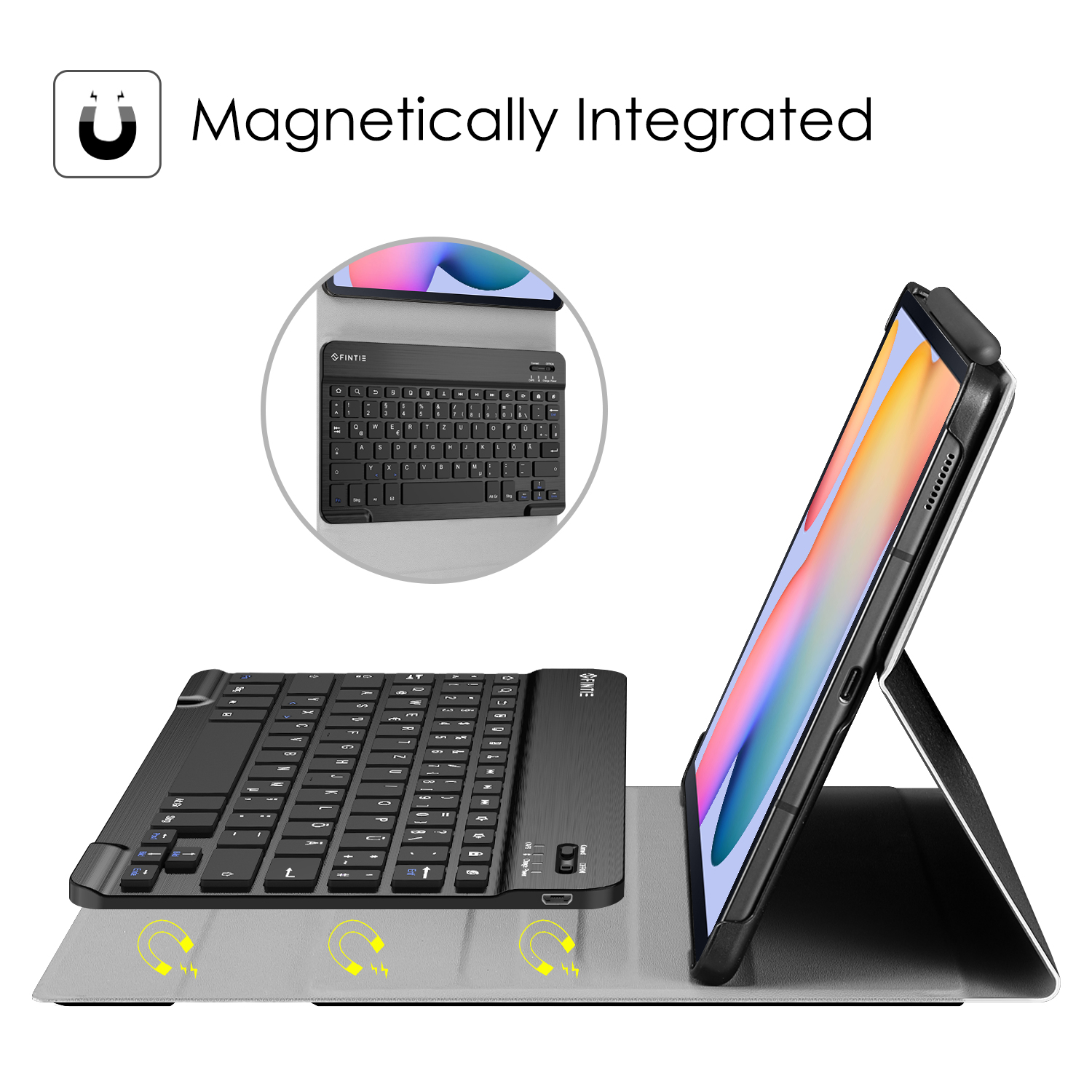 Tablet mit Tastatur und grauem Gehäuse. Magnete sind abgebildet. Der Hintergrund ist weiß.