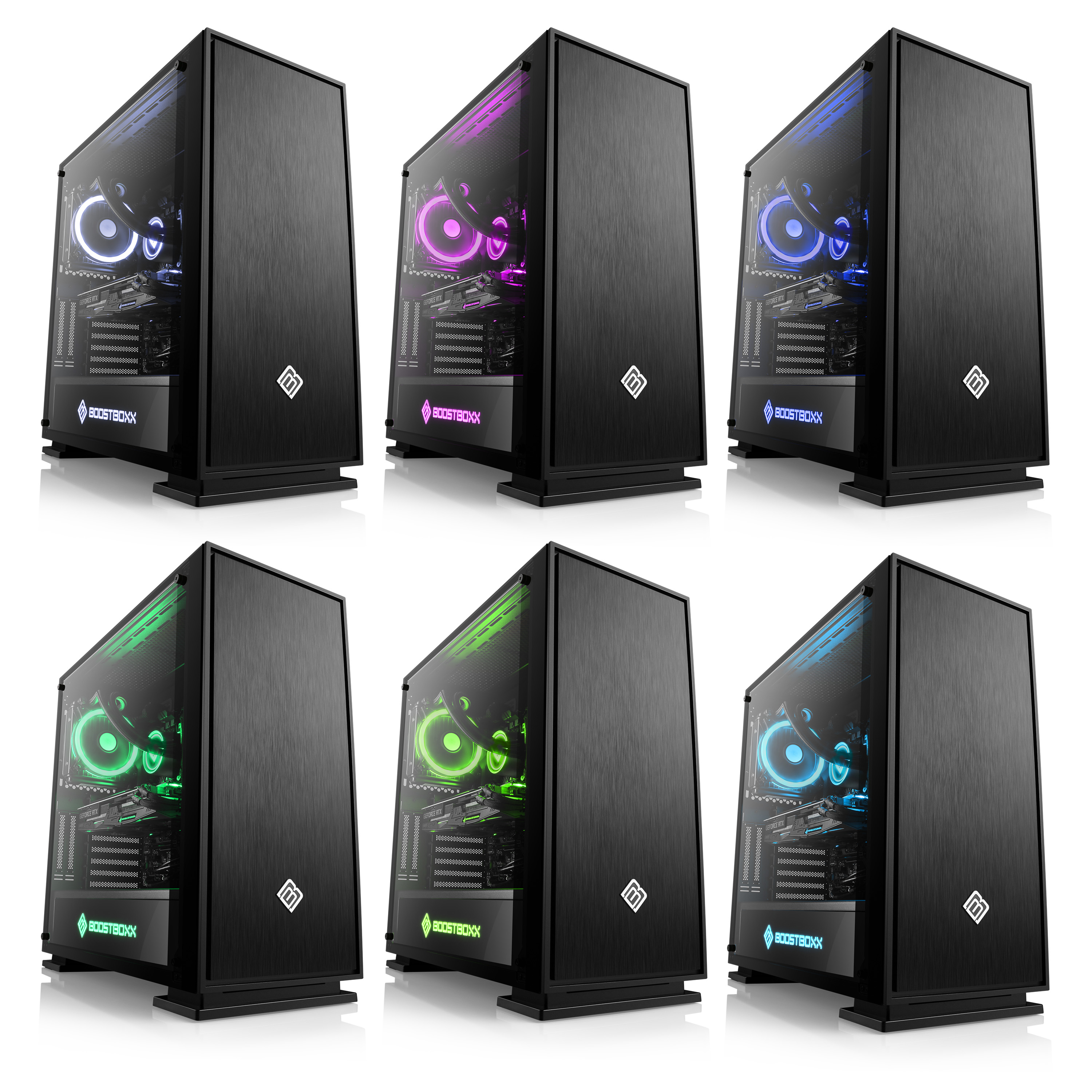 Sechs Computer-Tower mit Glasseiten und Lichtern. Jeder hat ein anderes Farbschema.
