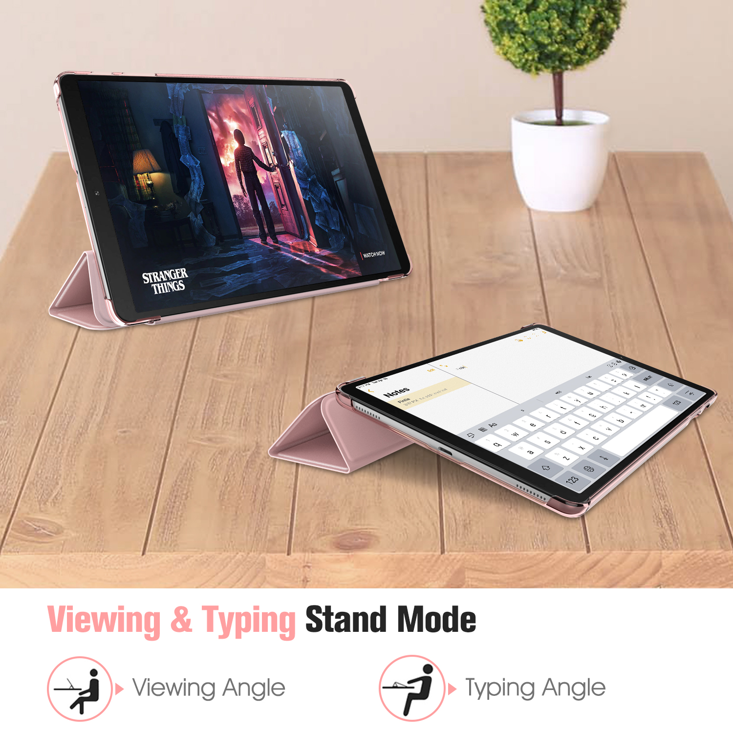 Tablets auf einem Holztisch, eines zeigt Stranger Things, das andere eine Tastatur. Stand- und Tippwinkel werden gezeigt.