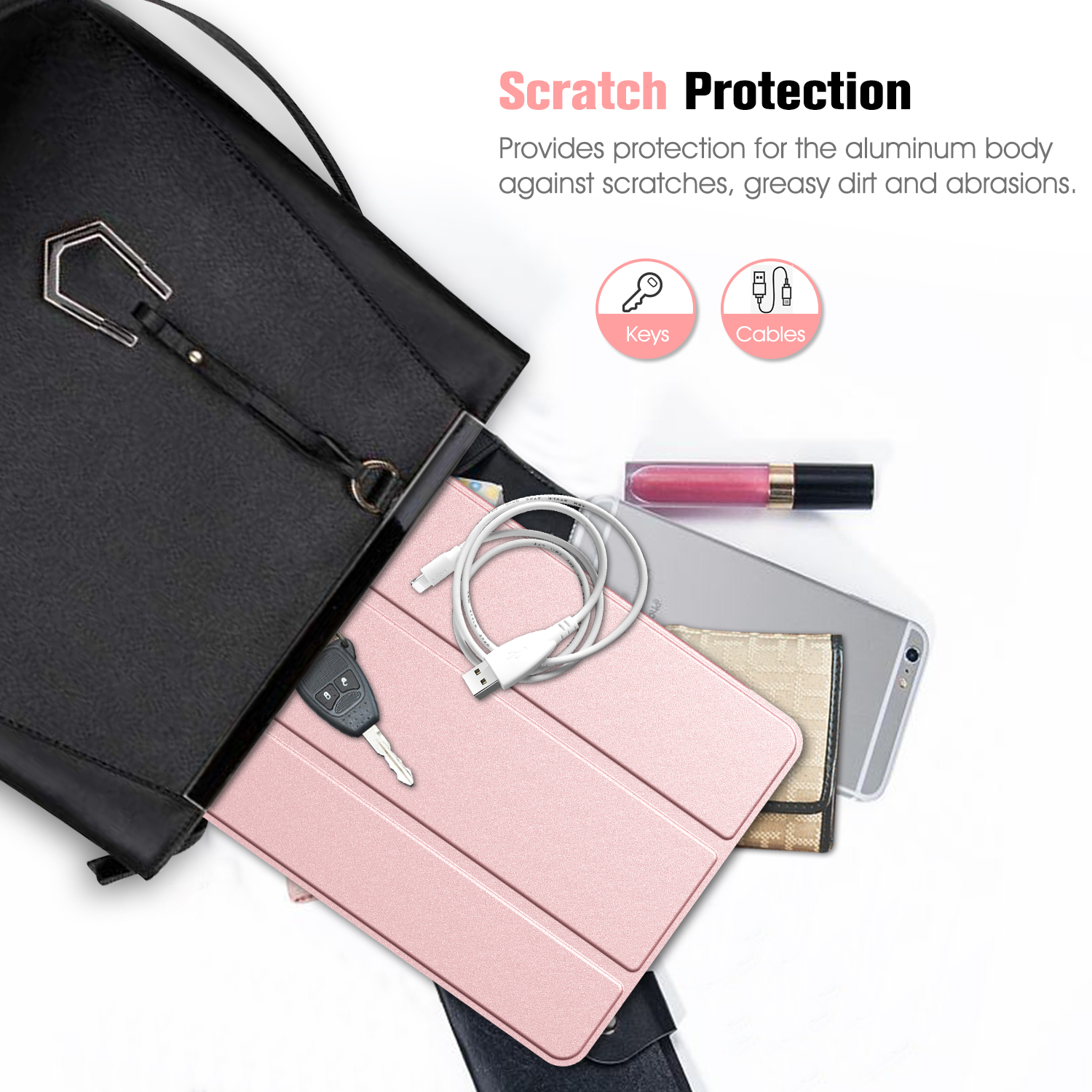 Eine pinke Tablethülle befindet sich in einer schwarzen Tasche. Ein Autoschlüssel und ein Lipgloss sind ebenfalls sichtbar.