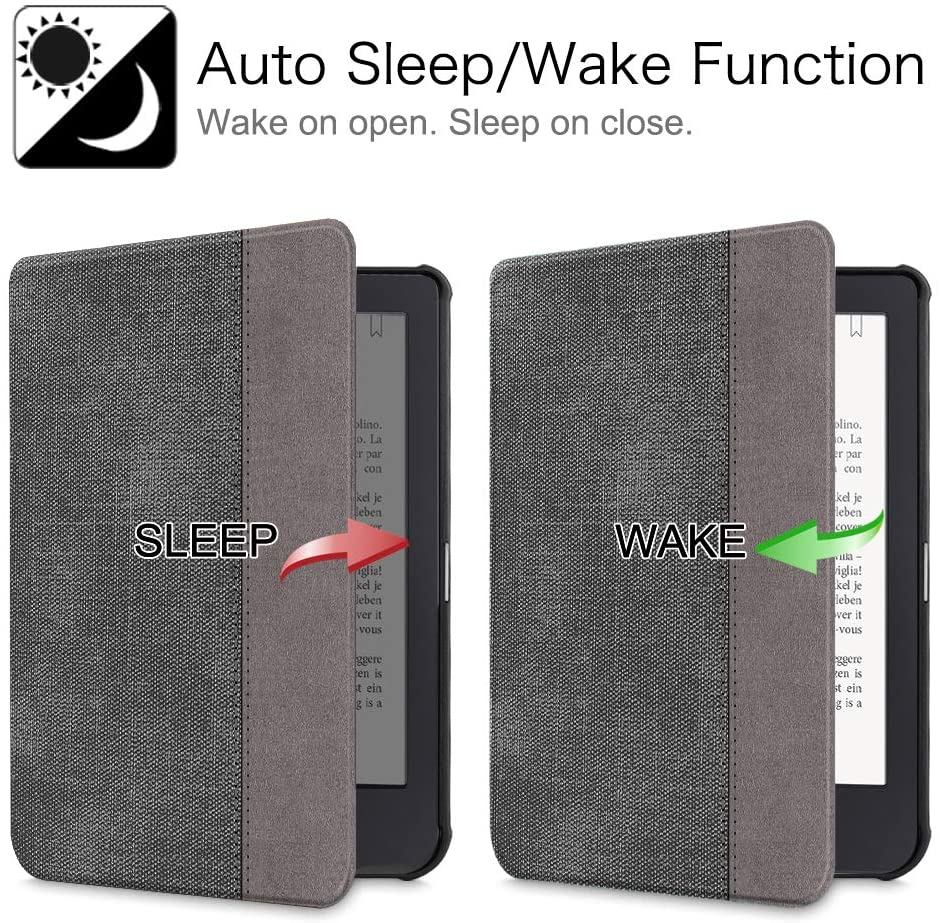 Eine E-Reader-Hülle, offen und geschlossen, zeigt die Schlaf-/Weckfunktion. Graue und braune Hülle, schwarzer Reader.