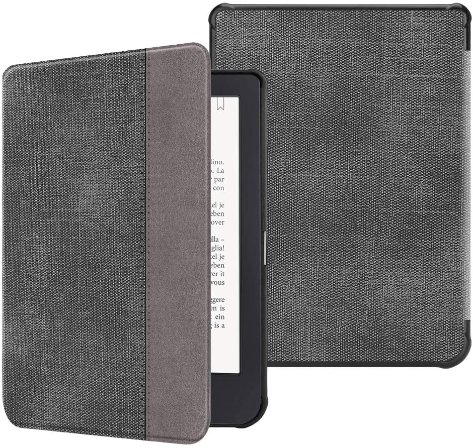 E-Reader in einer grau-braunen Hülle. Die Seiten eines Buches sind sichtbar. Der Deckel ist offen.