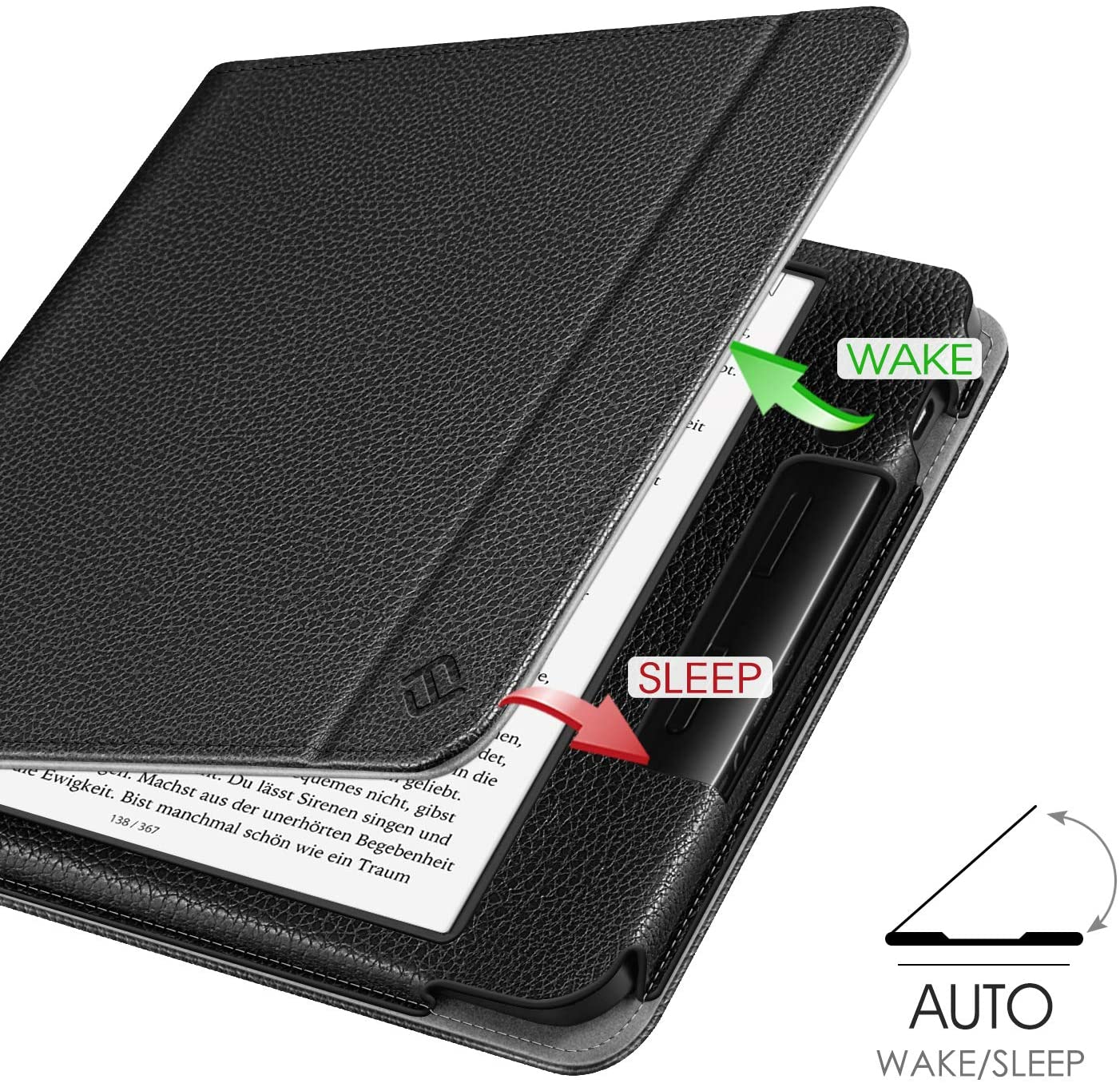 Schwarze Leder-E-Reader-Hülle mit Weck-/Schlaffunktion. Pfeile zeigen Öffnen/Schließen an.