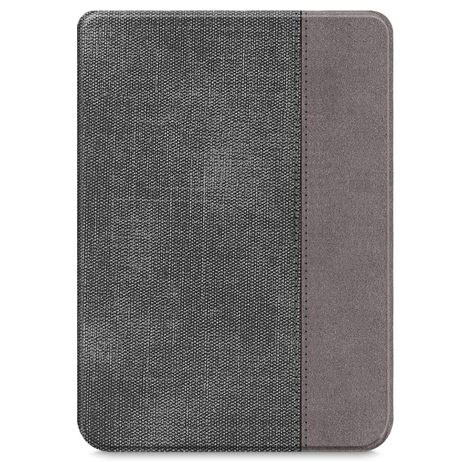 Eine grau-schwarze Tablet-Hülle. Die rechte Seite ist grau, die linke schwarz.