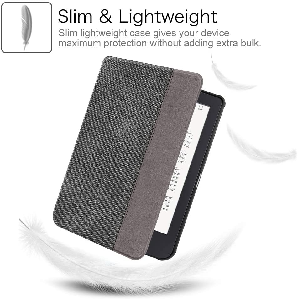 Schwarz-graue E-Reader-Hülle. Die Hülle öffnet sich, präsentiert das Gerät und Design. Federn umgeben es, schlank.