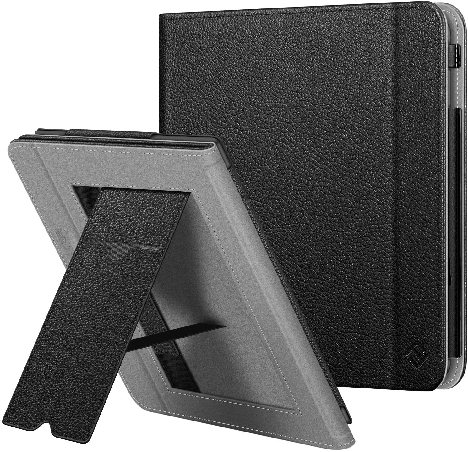 Schwarze und graue Tablethülle mit Ständer. Das Tablet ist in der Hülle. Weißer Hintergrund.
