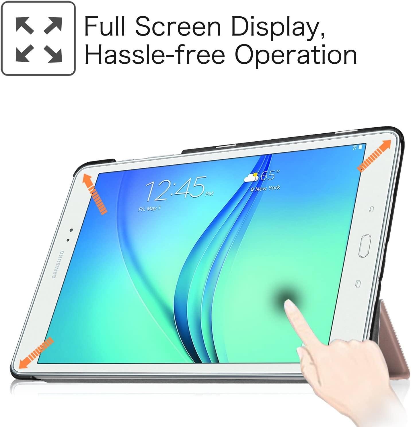 Tablet mit Hülle. Text: Vollbildanzeige, problemlose Bedienung. Hand berührt Bildschirm. Pfeile zeigen auf den Bildschirm.