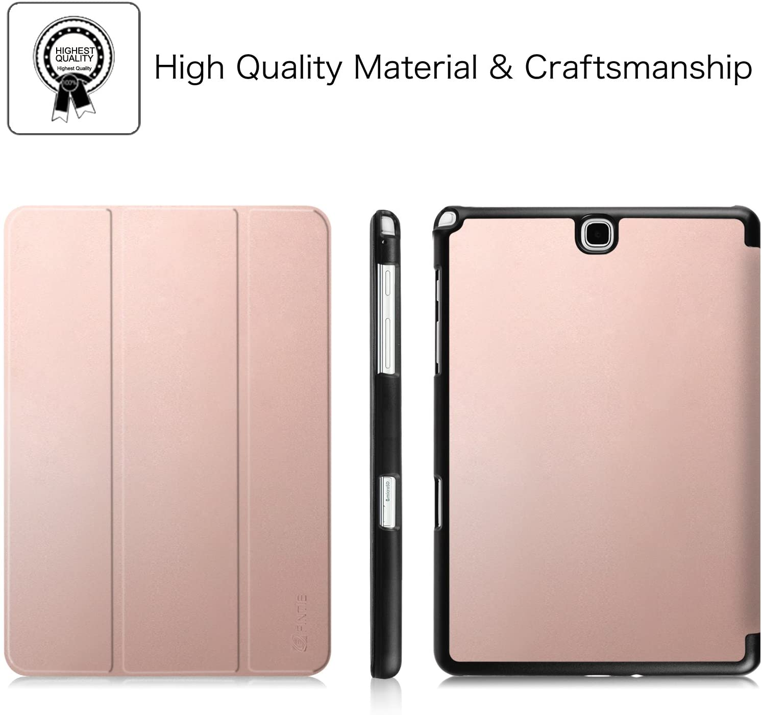 Drei Ansichten einer rosafarbenen Tablet-Hülle: geschlossen, seitlich und offen. Die offene Hülle zeigt ein rosa Innere.