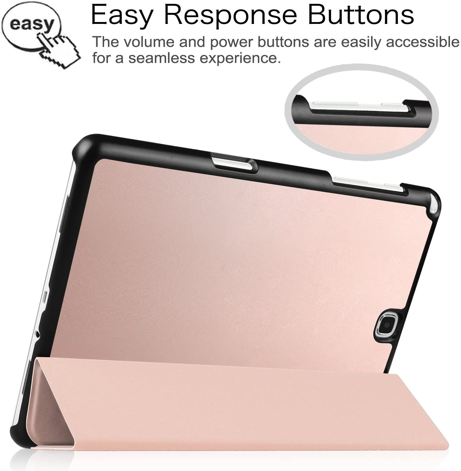 Tablet-Hülle mit leicht zugänglichen Knöpfen und rosa Rückseite.