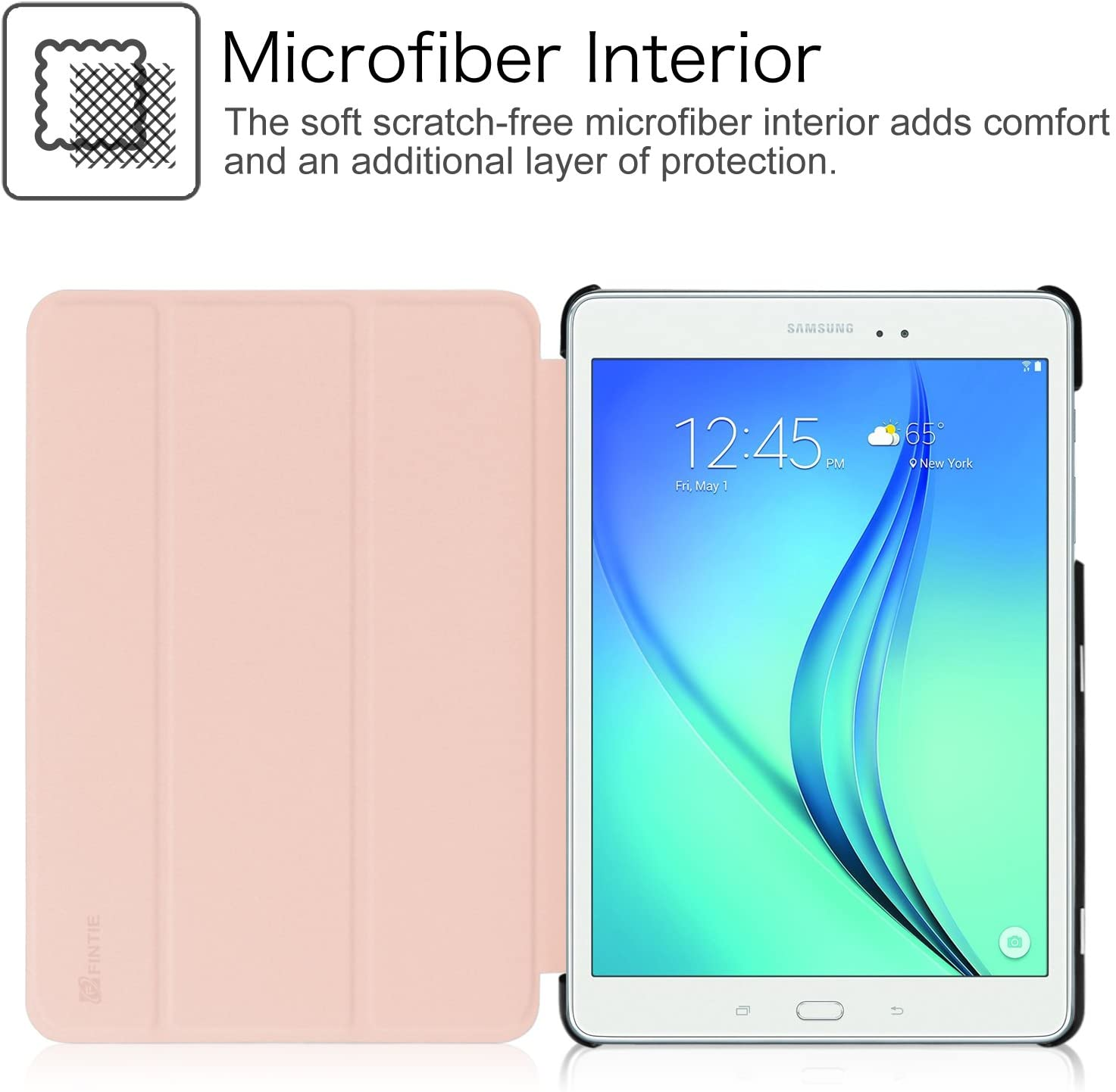 Eine rosa Tablethülle ist geöffnet und gibt ein Tablet mit weißem Rahmen und einem Bildschirm frei, der Zeit und Wetter anzeigt.