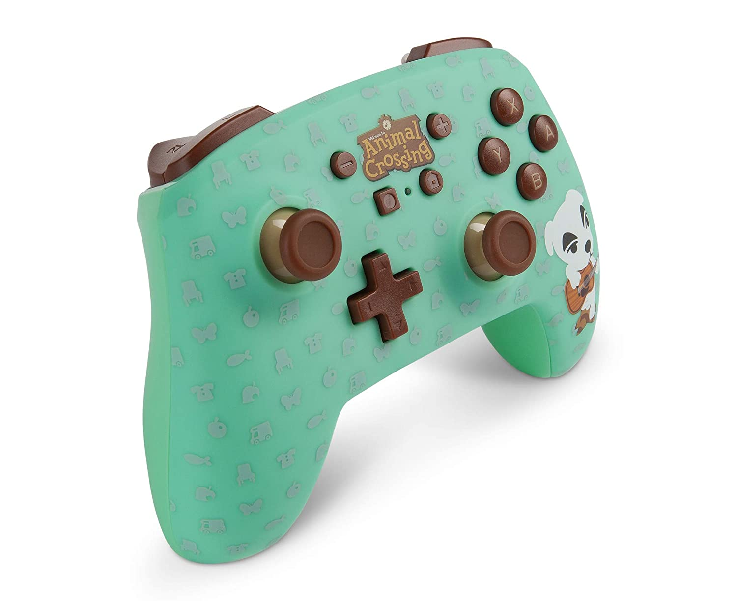 Animal Crossing Switch Controller. Mintgrünes und braunes Farbschema mit Charakterdetails. Weißer Hintergrund.