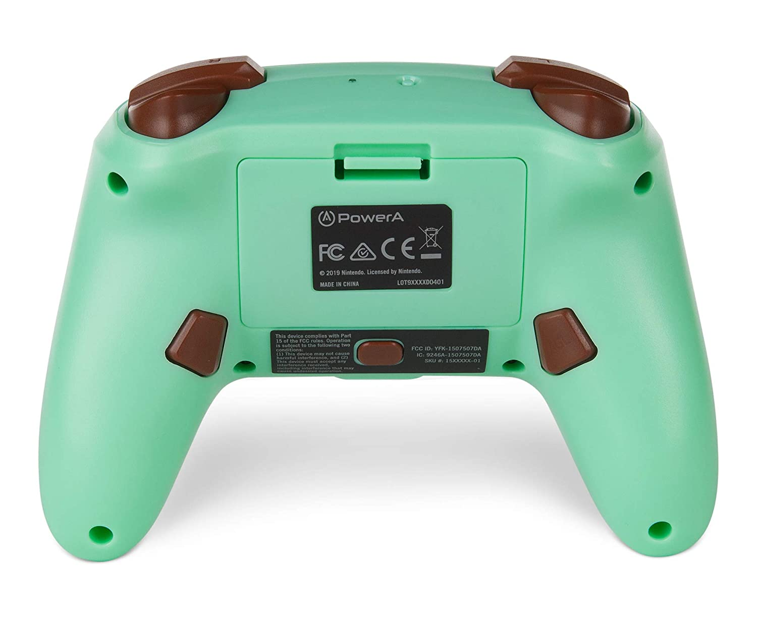 Die Rückseite eines mintgrünen und braunen Gamepads wird gezeigt. Der Controller hat Tasten und ein Logo.