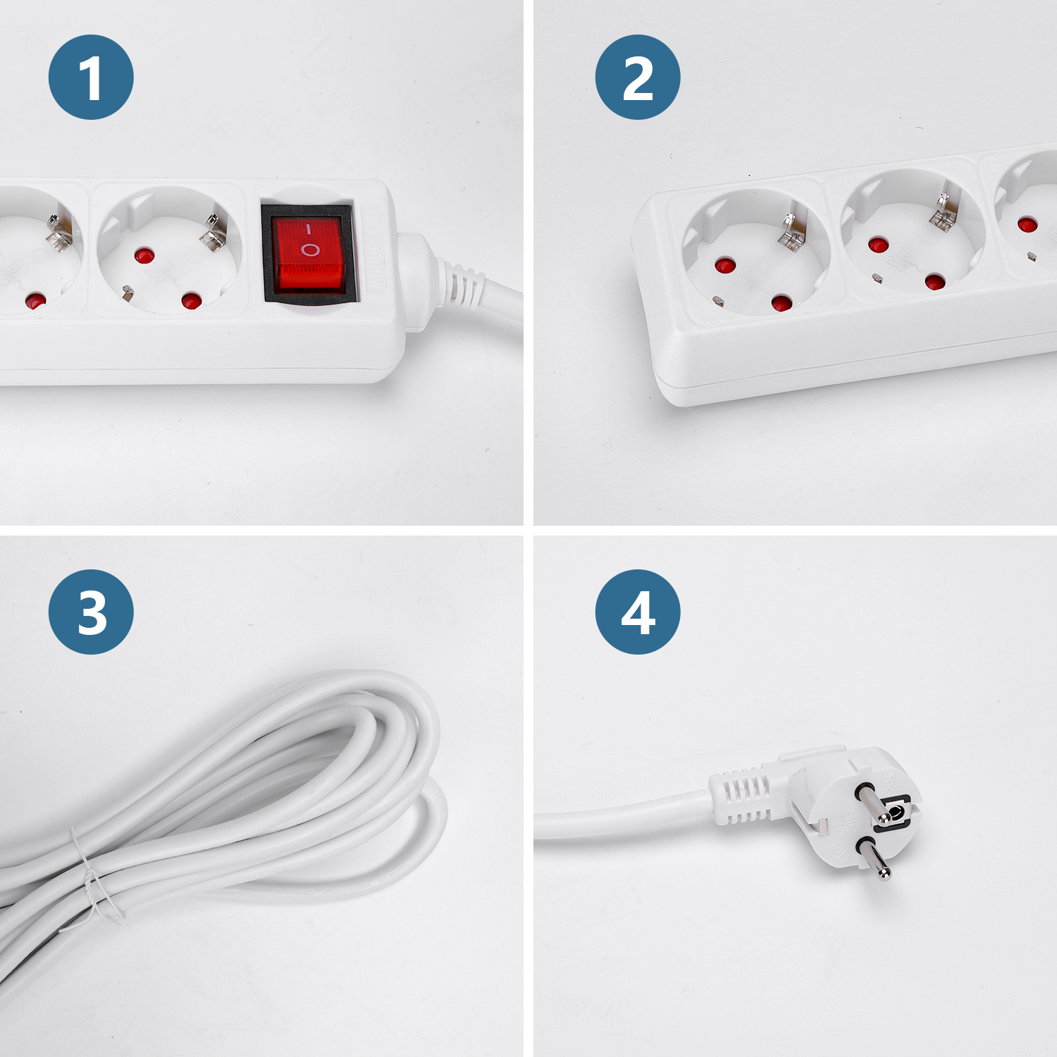 Vier Bilder: Steckdosenleiste, Steckdosen, Kabel und Stecker. Alle Artikel sind weiß.