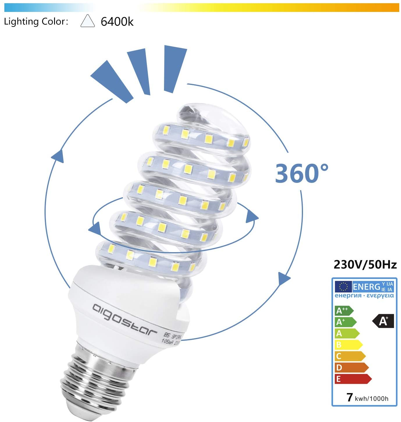 Una lampadina LED a spirale con base argentata, indicazione 360° ed etichetta energetica.