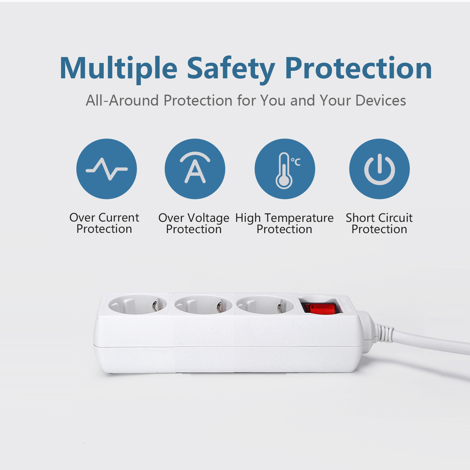 Una regleta blanca con múltiples enchufes y un interruptor rojo con iconos de seguridad en la parte superior.