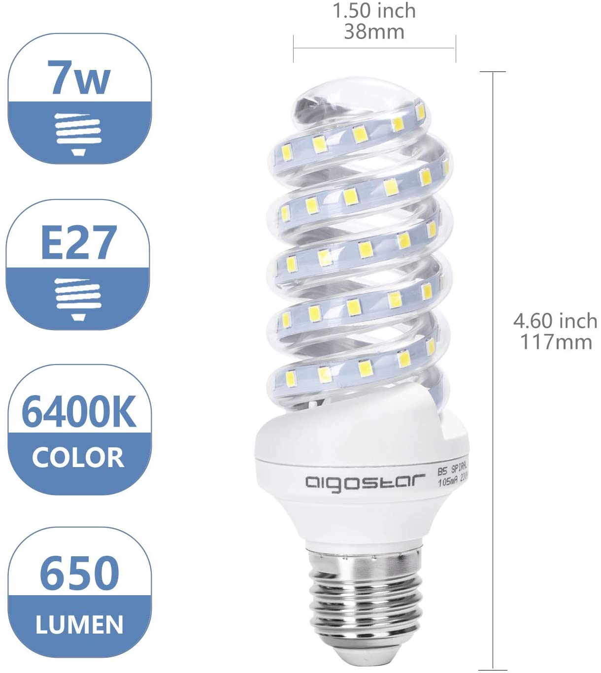 Lampadina LED a spirale da 7W, attacco E27, 6400K, 650 lumen.
