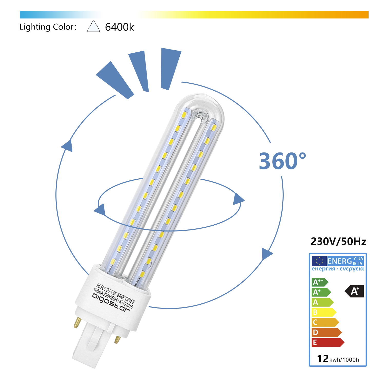Una bombilla en forma de U blanca y plateada con una flecha azul alrededor. Etiqueta de eficiencia energética.