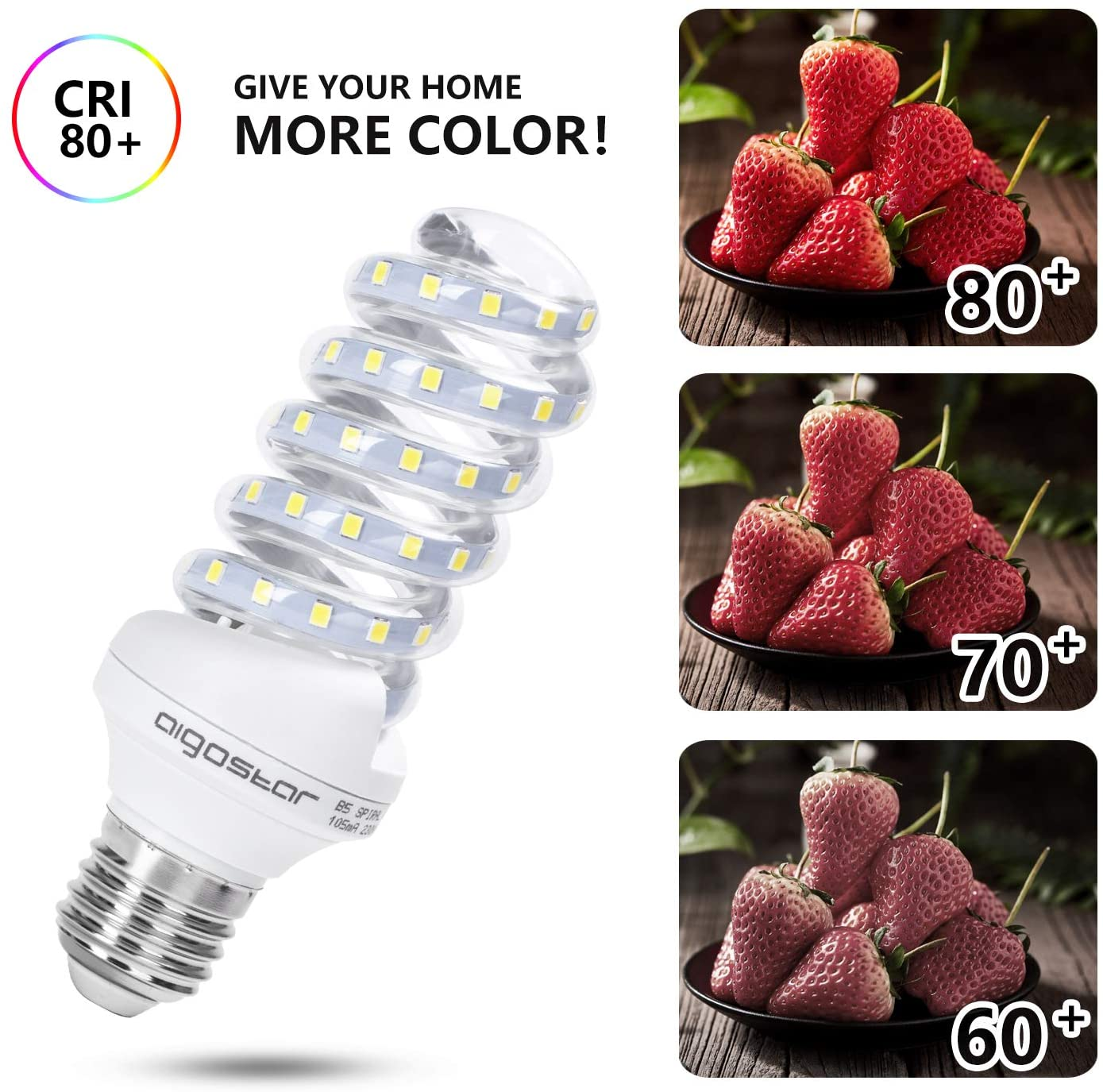 Lampada a LED con design a spirale e fragole a diversi valori CRI.