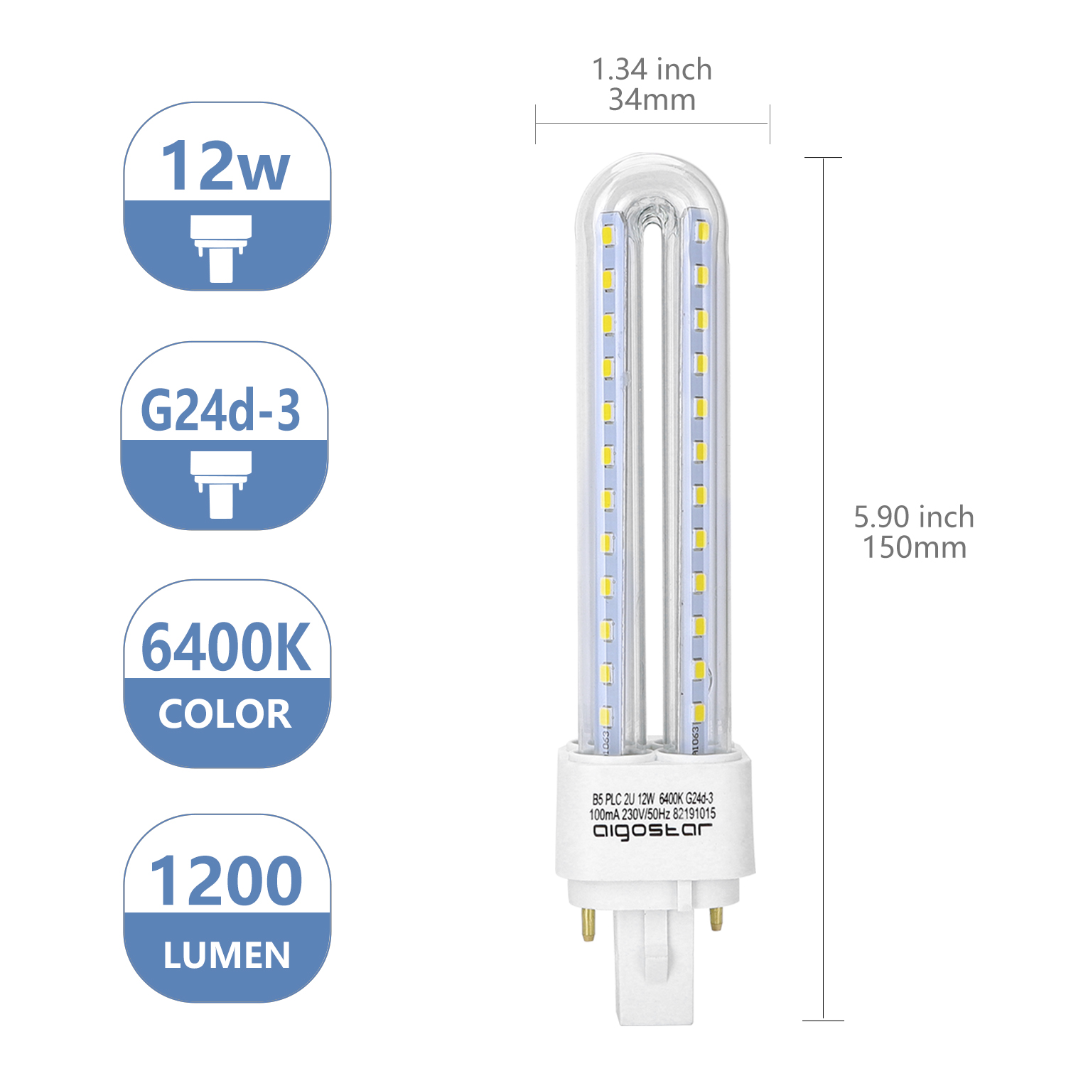 Bombilla blanca con medidas y etiquetas: 12W, G24d-3, 6400K, 1200 lúmenes, 5,90 pulgadas.