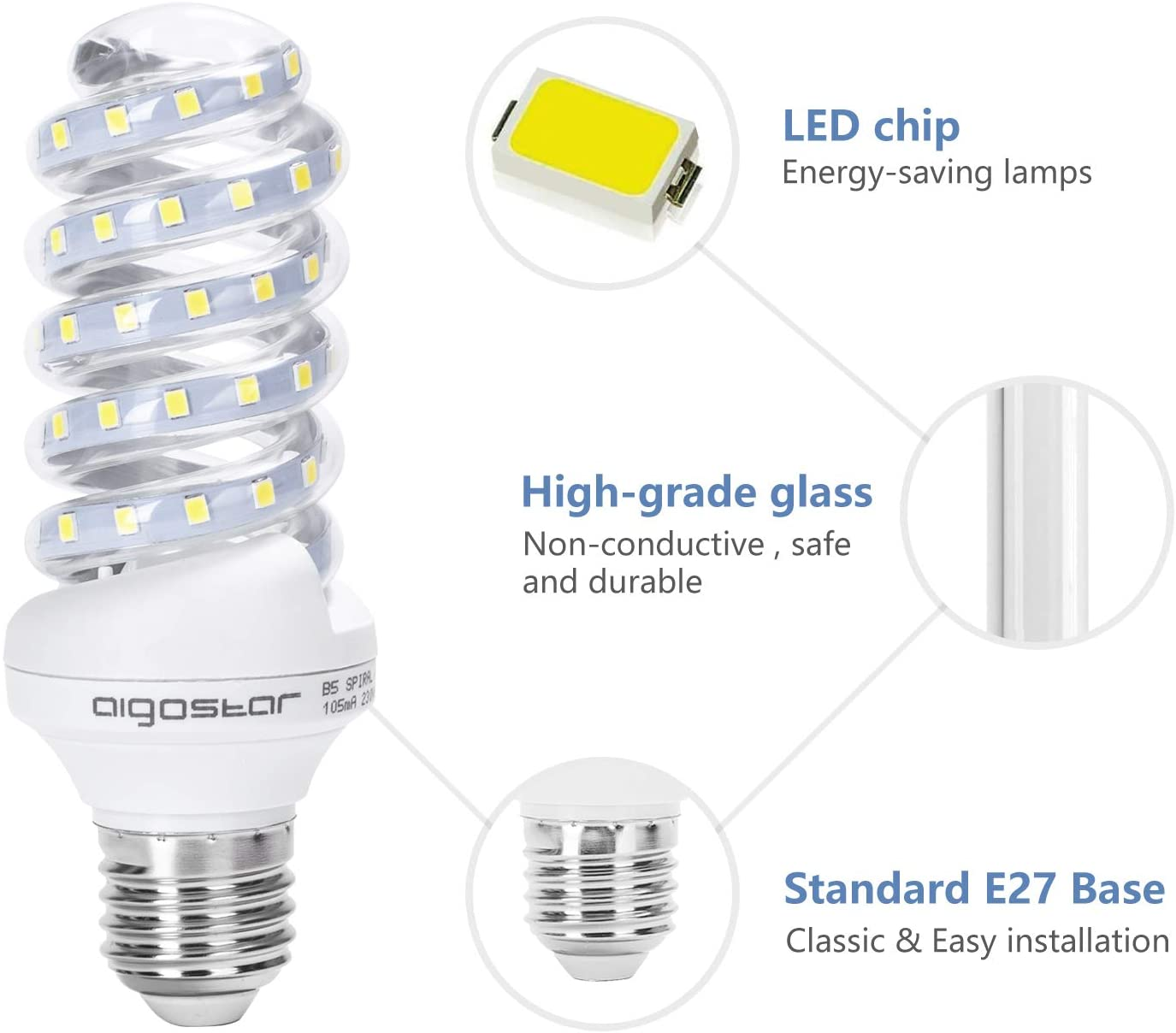 Lampadina LED a spirale con base E27, vetro e chip LED.