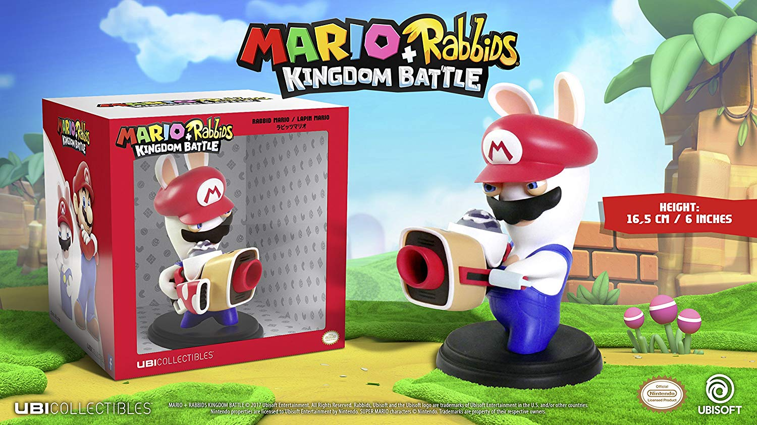 Eine Rabbid Mario Figur aus Mario + Rabbids Kingdom Battle, mit einer Box im Hintergrund.